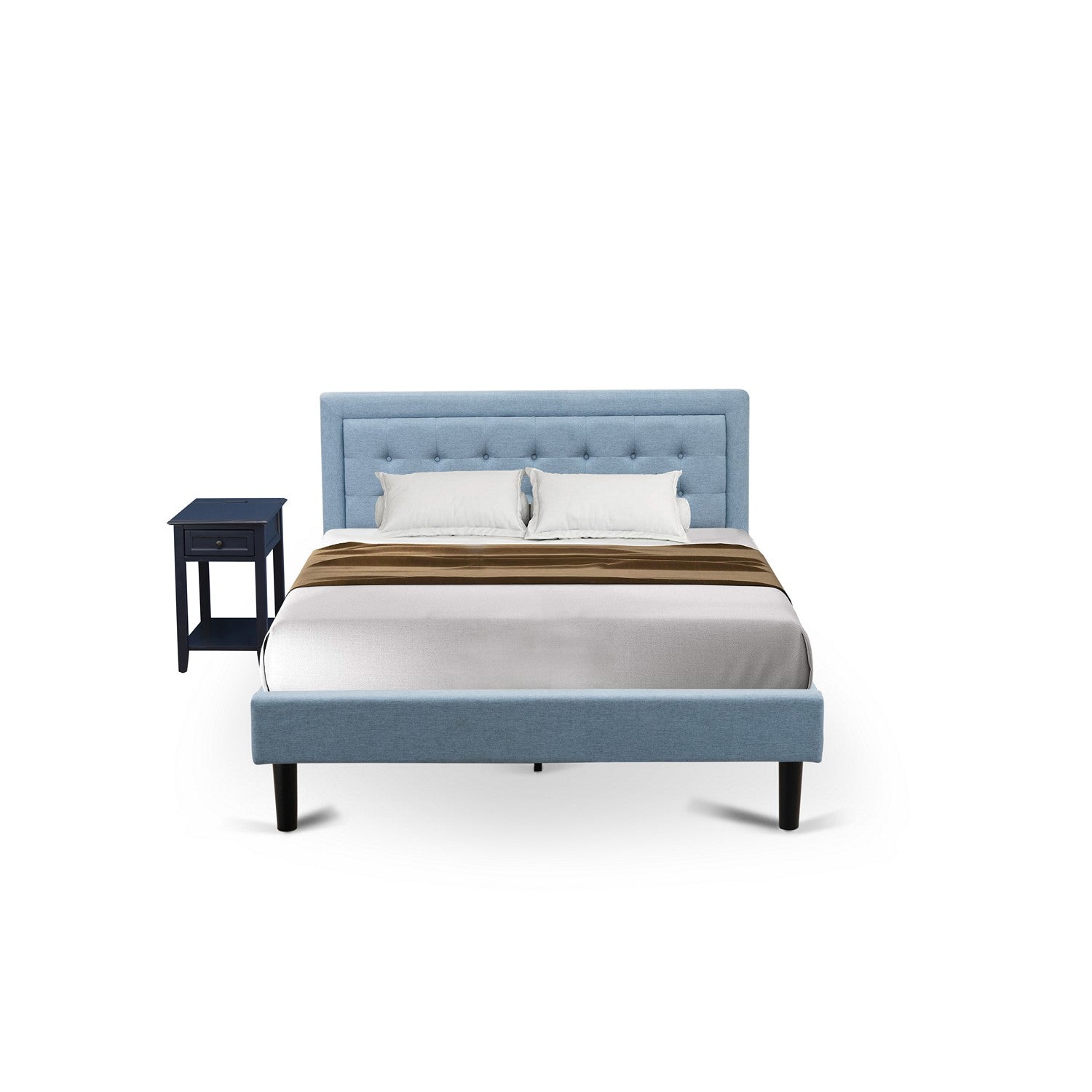 FN11Q-1DE15 2-Piece Fannin Queen Bedroom Set with 1 Wood Queen Bed Frame and an End Table for bedroom - Denim Blue Linen Fabric