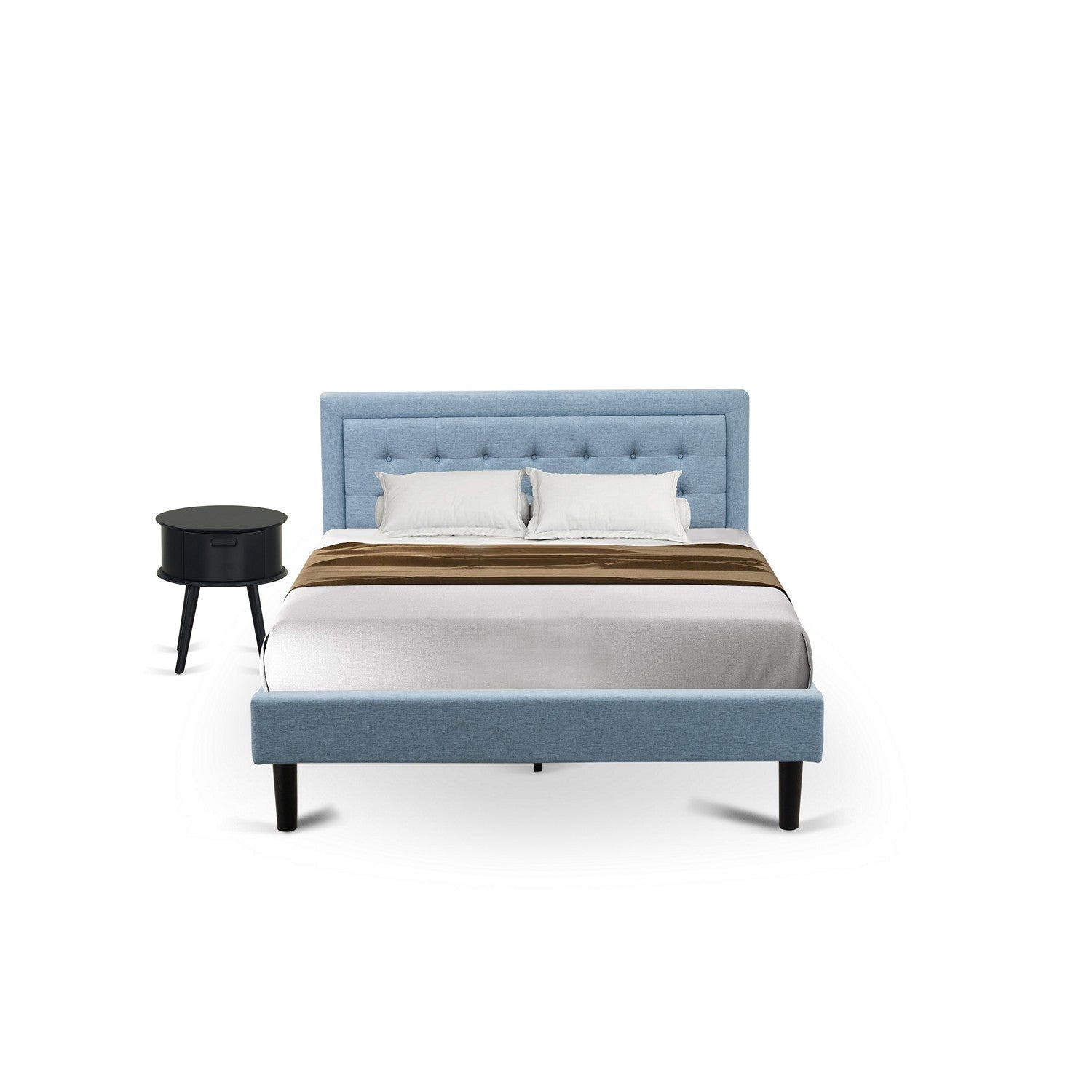 FN11Q-1GO15 2-Piece Platform Bedroom Furniture Set with 1 Platform Bed and a Wood Nightstand - Reliable and Durable Manufacturing - Denim Blue Linen Fabric