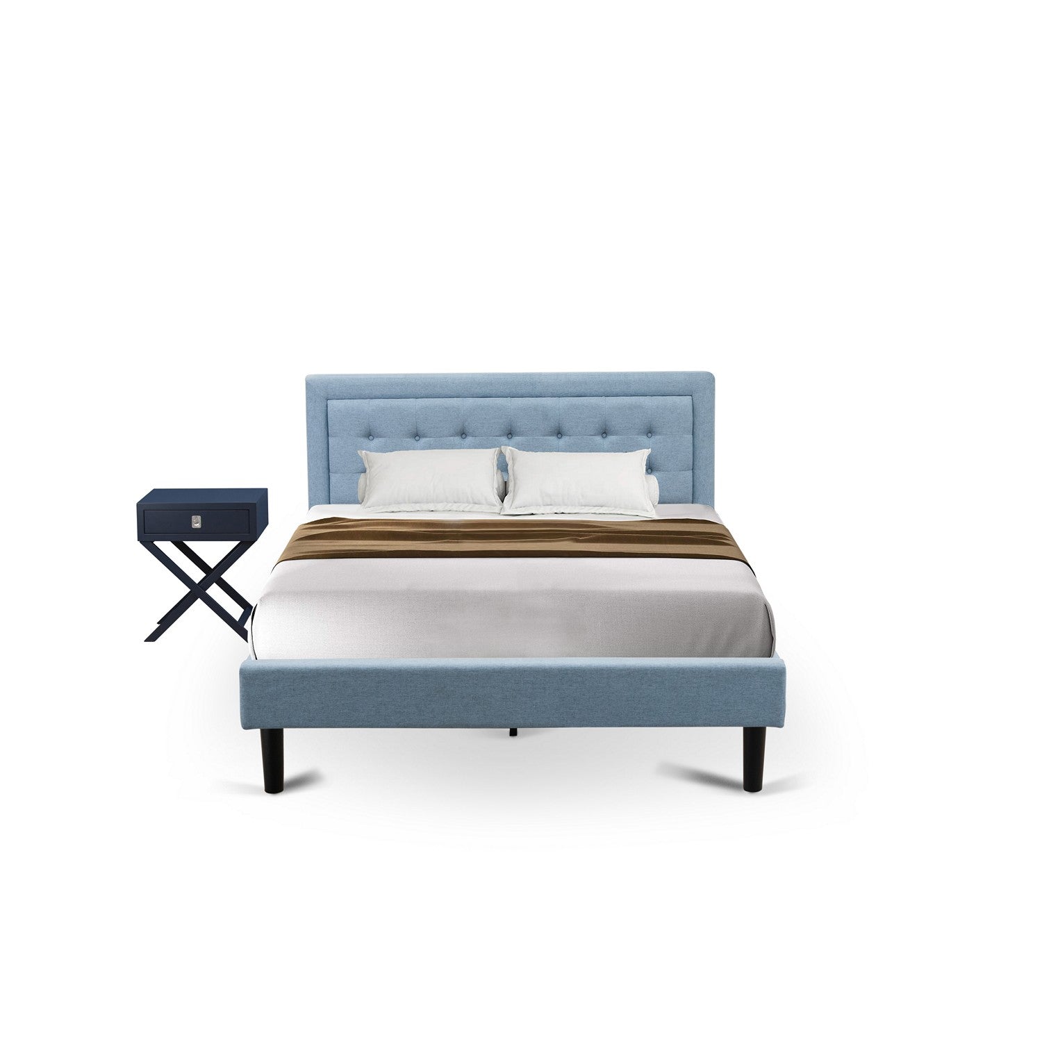 FN11Q-1HA15 2-Piece Platform Queen Bed Set Furniture with 1 Platform Bed and an End Table for bedroom - Reliable and Durable Construction - Denim Blue Linen Fabric