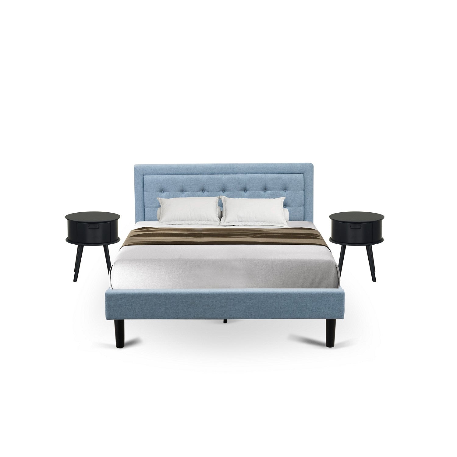 Juego de cama de plataforma de 3 piezas East West Furniture FN11Q-2GO15 con una cama de mediados de siglo y dos mesitas de noche pequeñas - Tela de lino azul denim