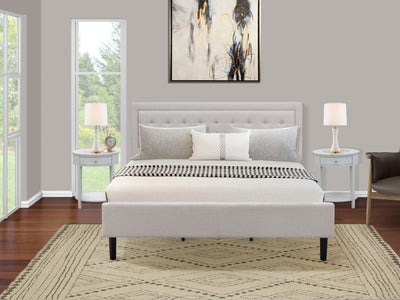 East West Furniture FNF-08-K Platform King Size Bed - Mist Beige Linen Fabric Upholstered Bed Headboard with Button Tufted Trim Design - Black Legs