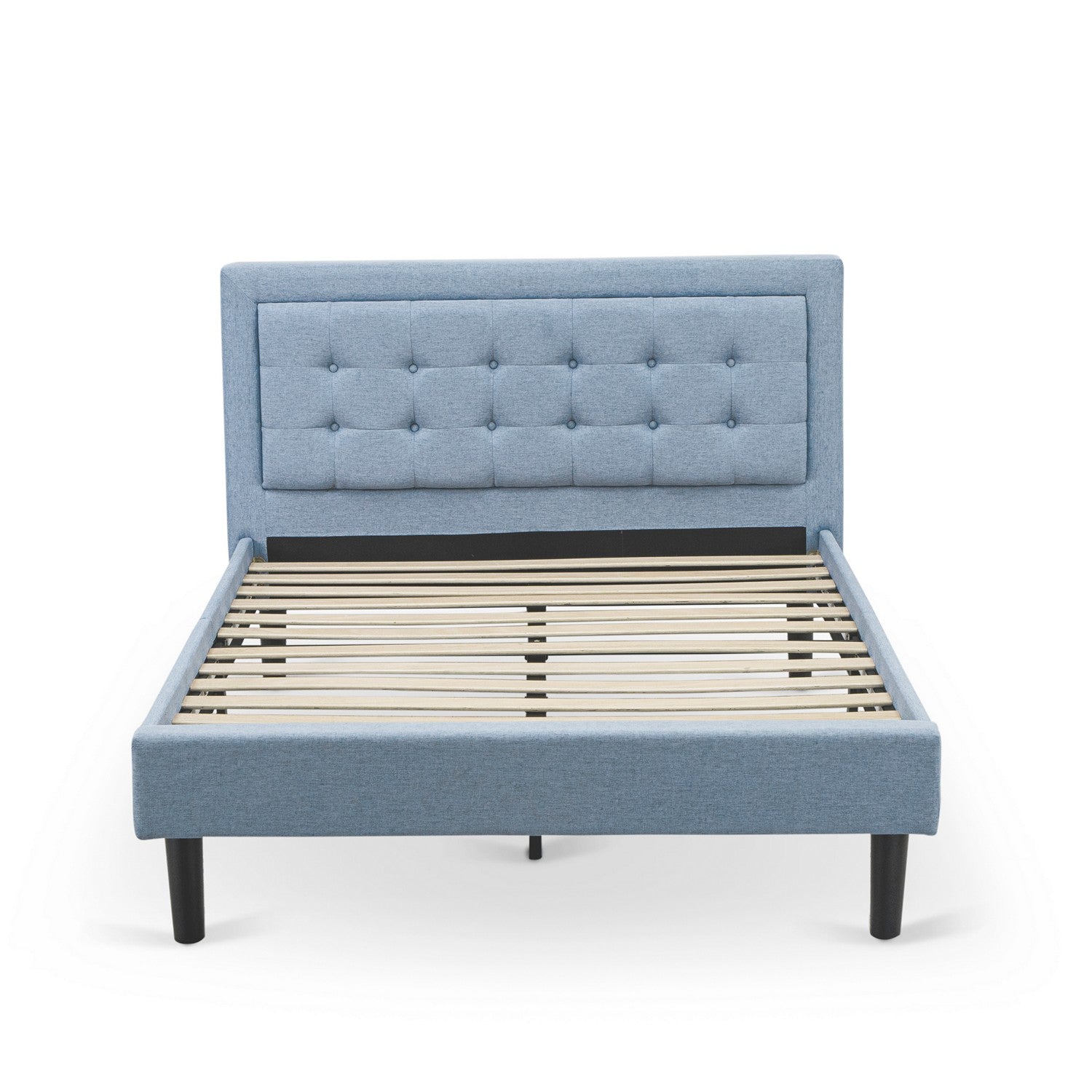 Juego de dormitorio de dos piezas East West Furniture FN11F-1VL0C con plataforma, tamaño completo, con cama de mediados de siglo y mesita de noche, tela de lino azul denim.