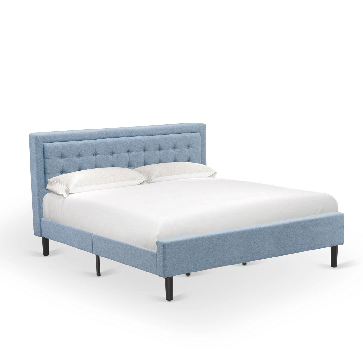 Juego de cama Fannin King de 2 piezas FN11K-1HA15 de East West Furniture con estructura de cama y mesita de noche pequeña azul marino. Construcción robusta y confiable. Cama de tela de lino azul denim.
