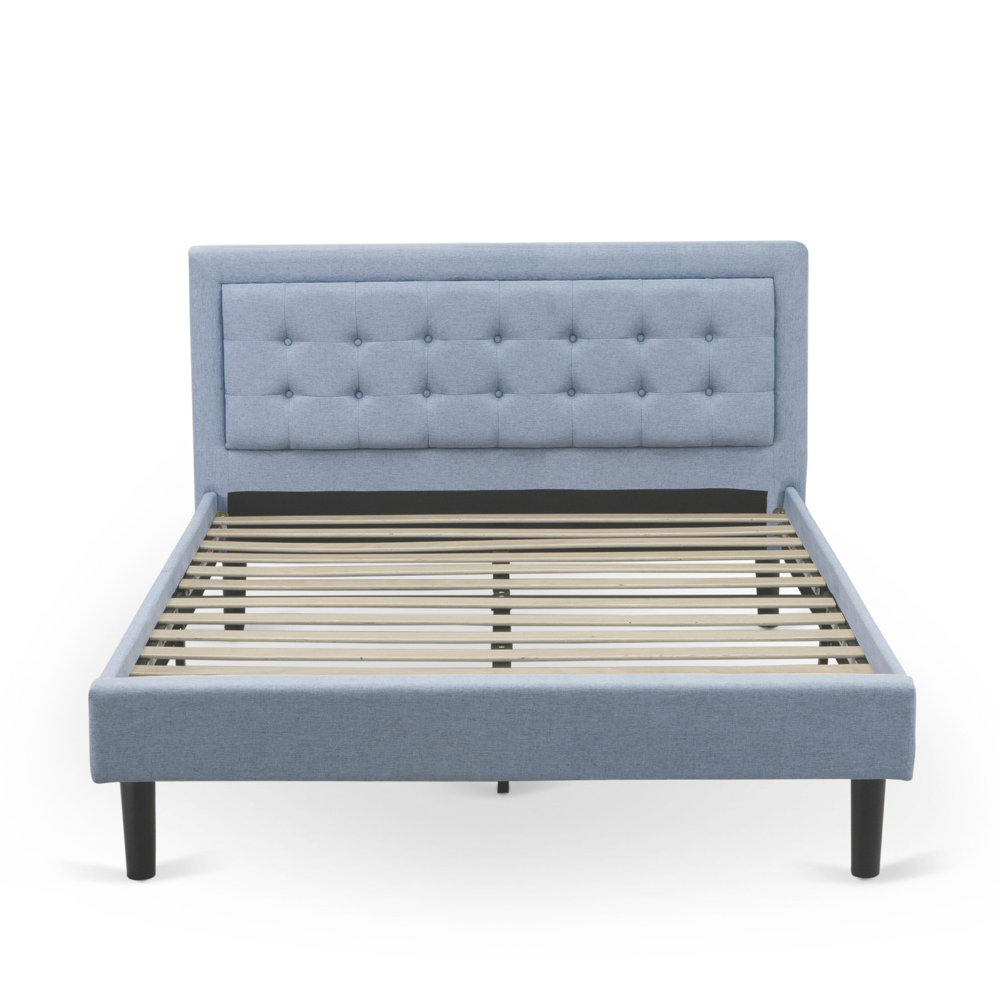 Cama tamaño queen con plataforma East West Furniture FNF-11-Q - Cabecera tapizada en tela de lino azul denim con ribete capitoné y patas negras