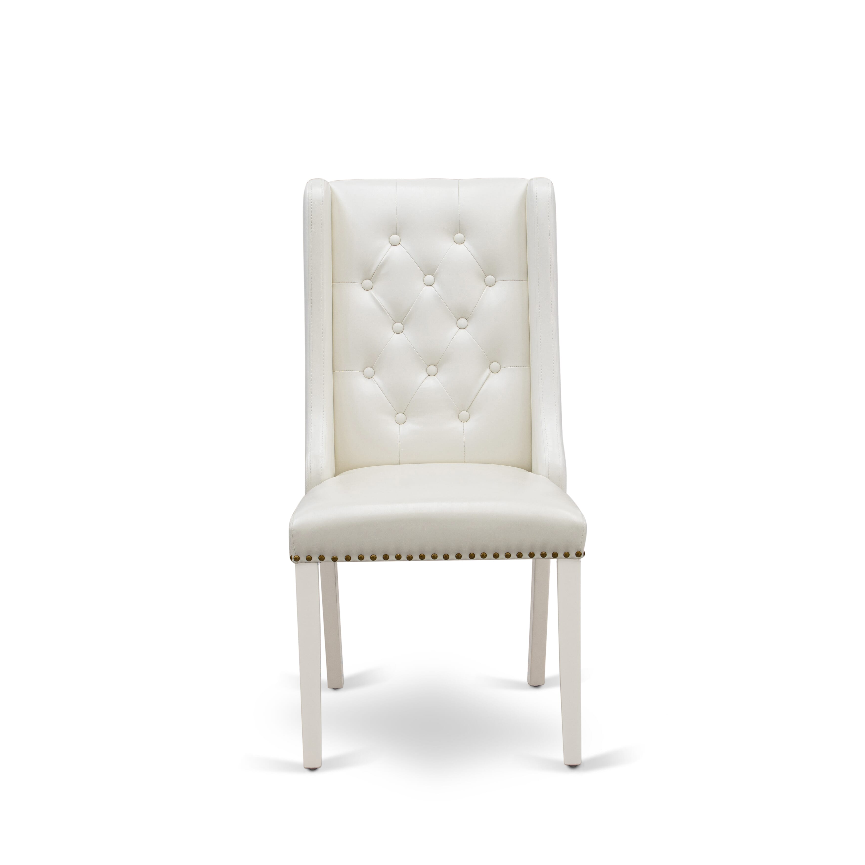 East West Furniture X027FO244-9 9-Piece Kitchen Table Set Consists of 8 Linen white Pu faux Leather Dining Room Chairs Button Tufted with Nail Heads and Kitchen Table - linen white Finish