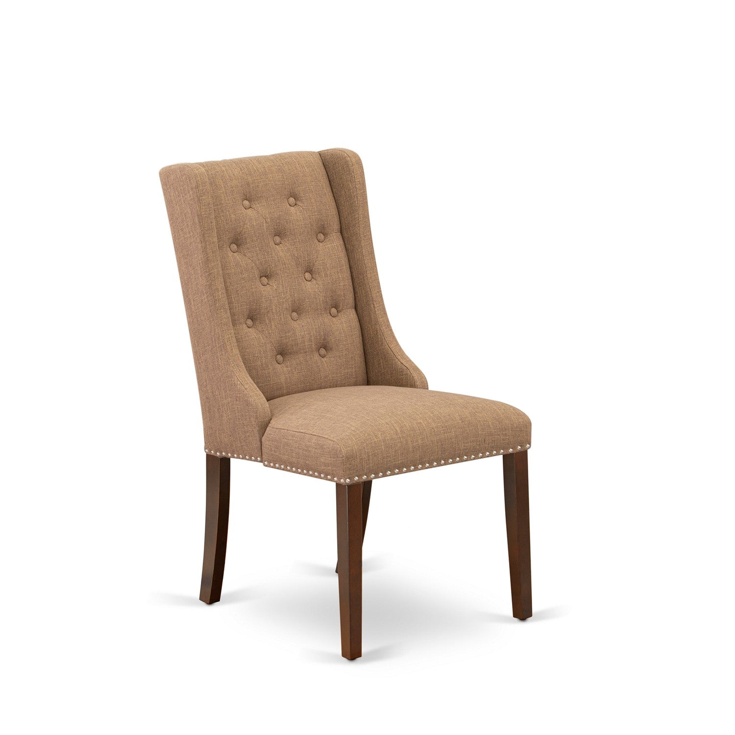 Juego de comedor de 3 piezas East West Furniture HLFO3-MAH-47. Incluye una mesa de comedor redonda con pedestal y dos sillas Parsons de tela de lino color sable claro.