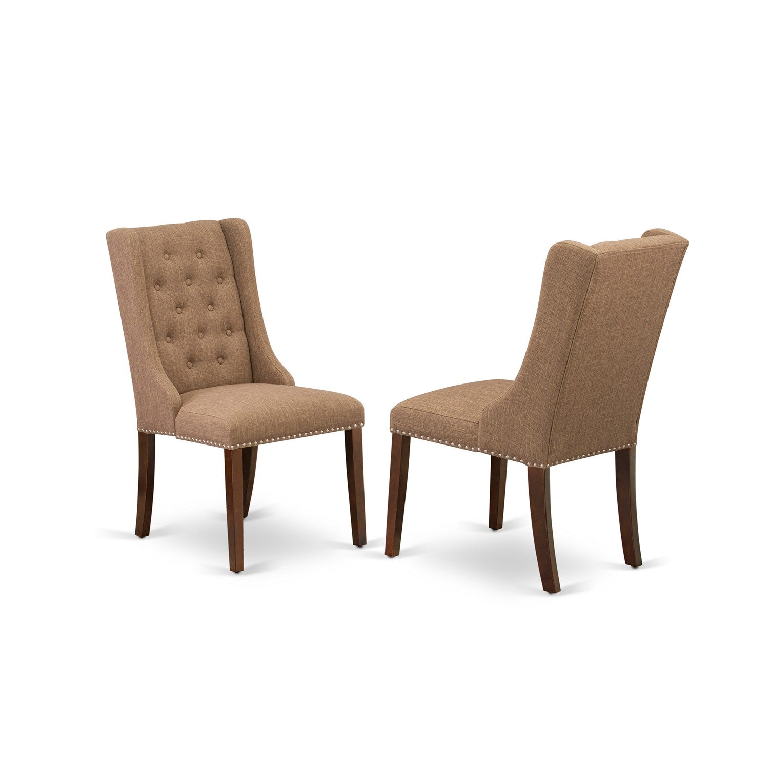 Juego de comedor de 3 piezas East West Furniture HLFO3-MAH-47. Incluye una mesa de comedor redonda con pedestal y dos sillas Parsons de tela de lino color sable claro.