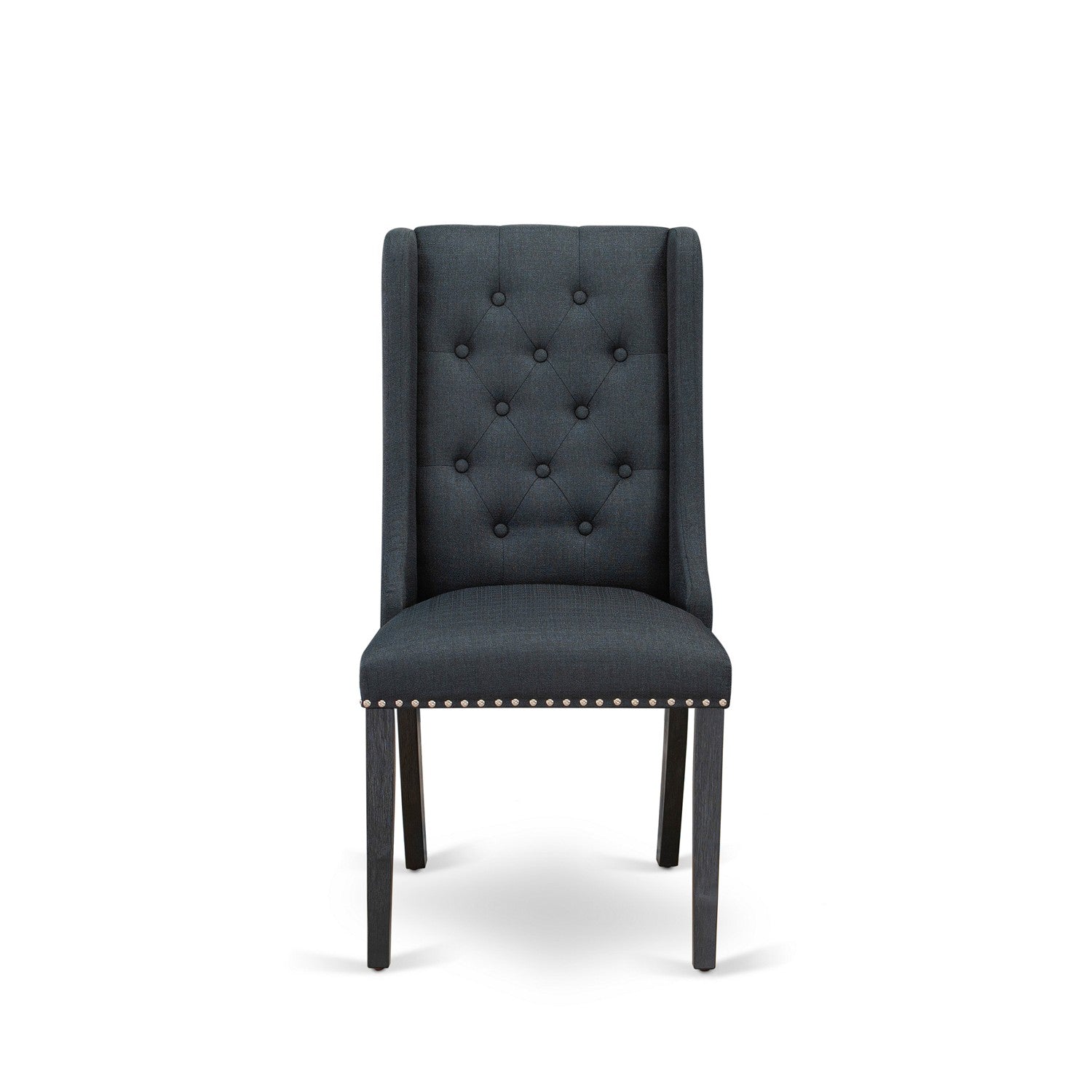 Juego de comedor de 9 piezas East West Furniture V677FO624-9. Incluye una mesa de comedor rectangular con patas en V y 8 sillas Parsons de tela de lino negro.