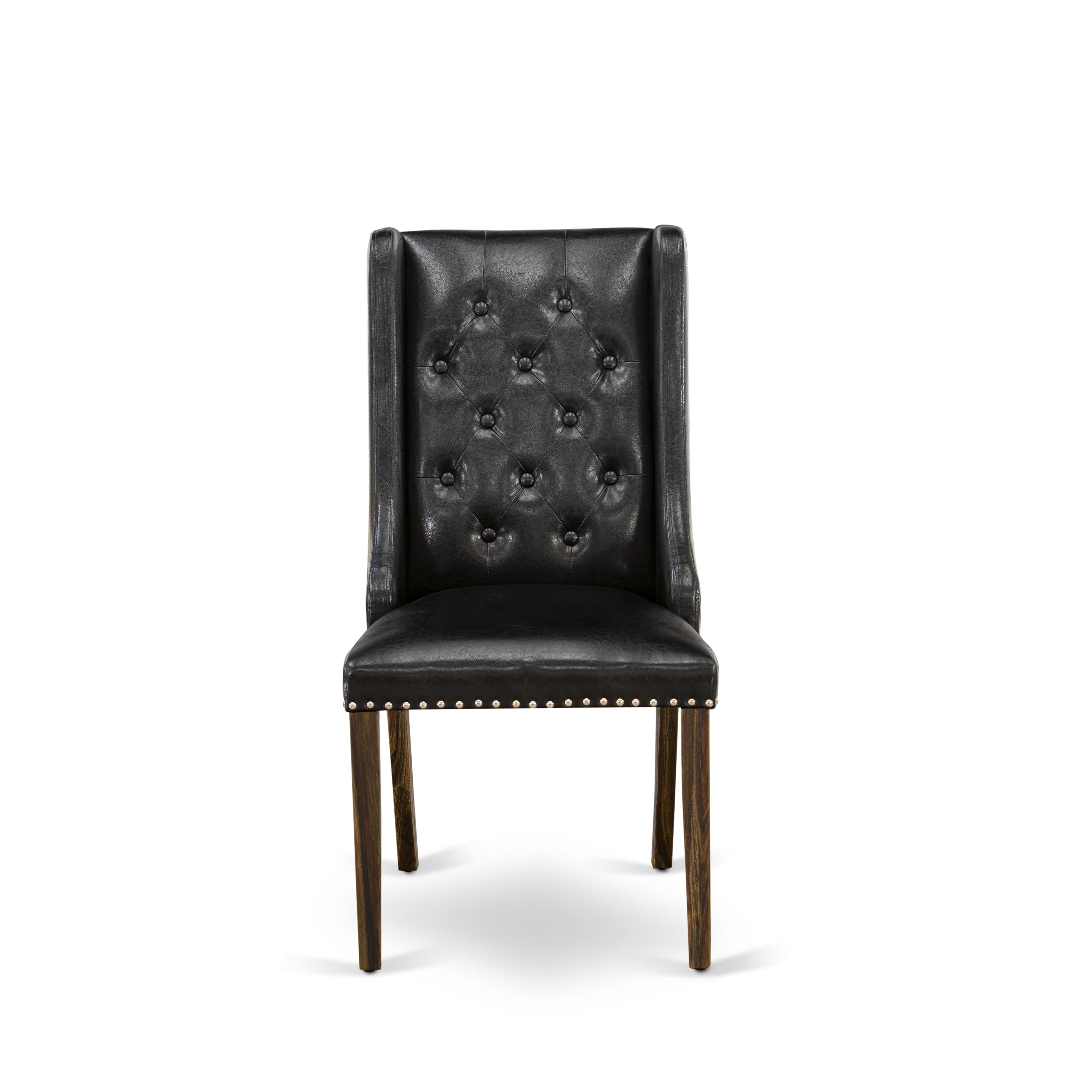 East West Furniture X777FO749-9 9-Piece Dinette Set - 8 Black Pu faux Leather Padded Chair Button Tufted with Nail heads and Rectangular Table - Distressed Jacobean Finish
