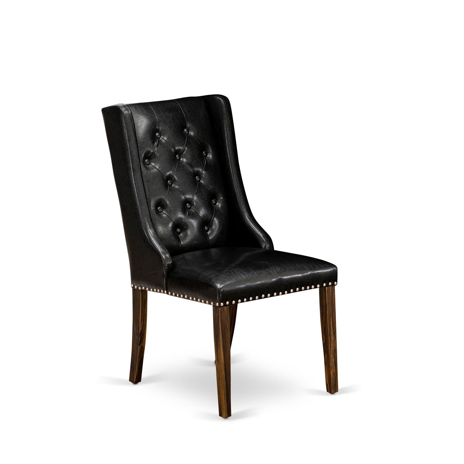 East West Furniture X777FO749-7 7 Piece Dining Room Set - 6 Black Pu faux Leather Upholstered Chair Button Tufted with Nailheads and Mid Century Dining Table - Distressed Jacobean Finish