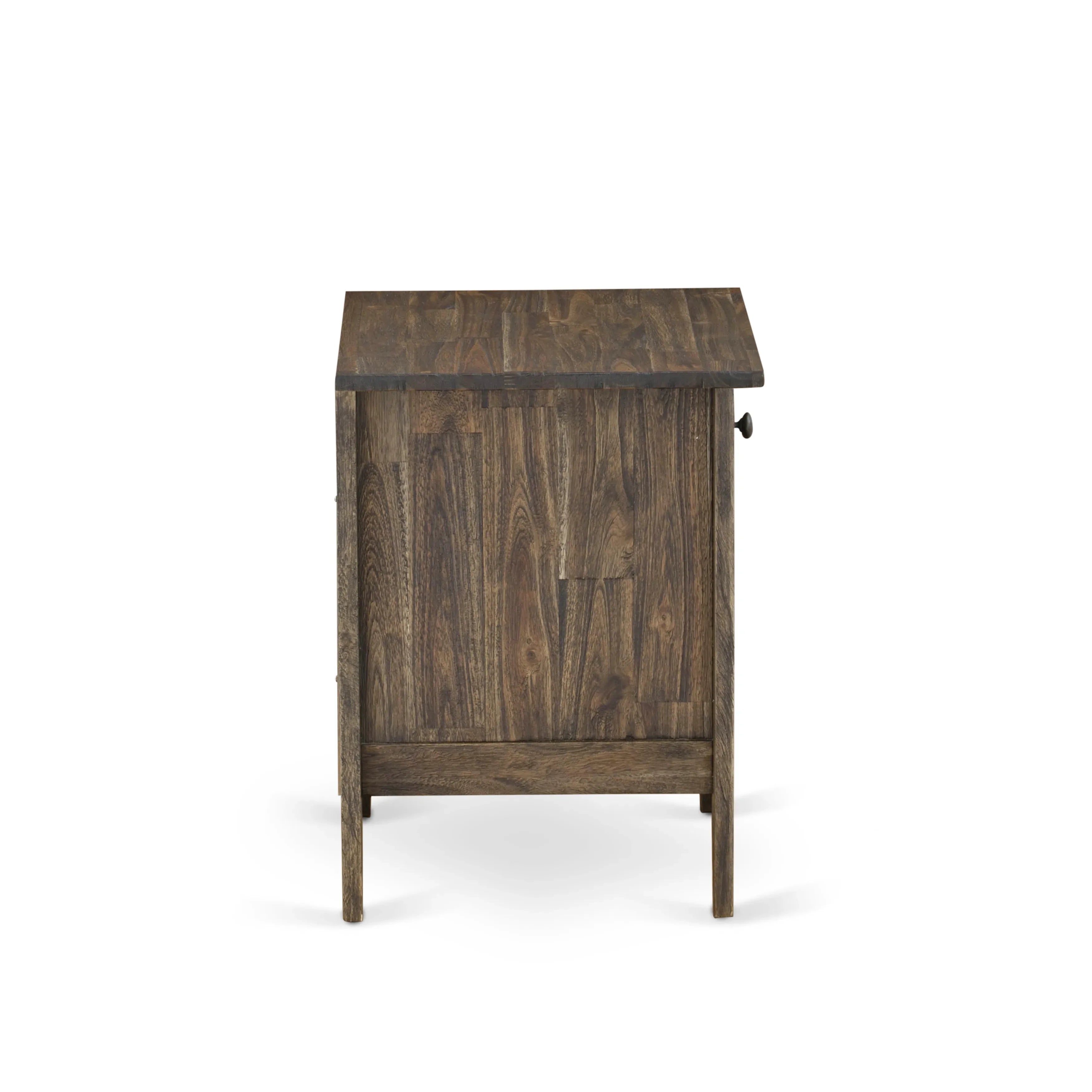 Juego de dormitorio de 3 piezas NL14K-2GA07: Estructura de cama con botones capitoné, cabecera tapizada en terciopelo marrón topo y mesita de noche con acabado jacobino envejecido.