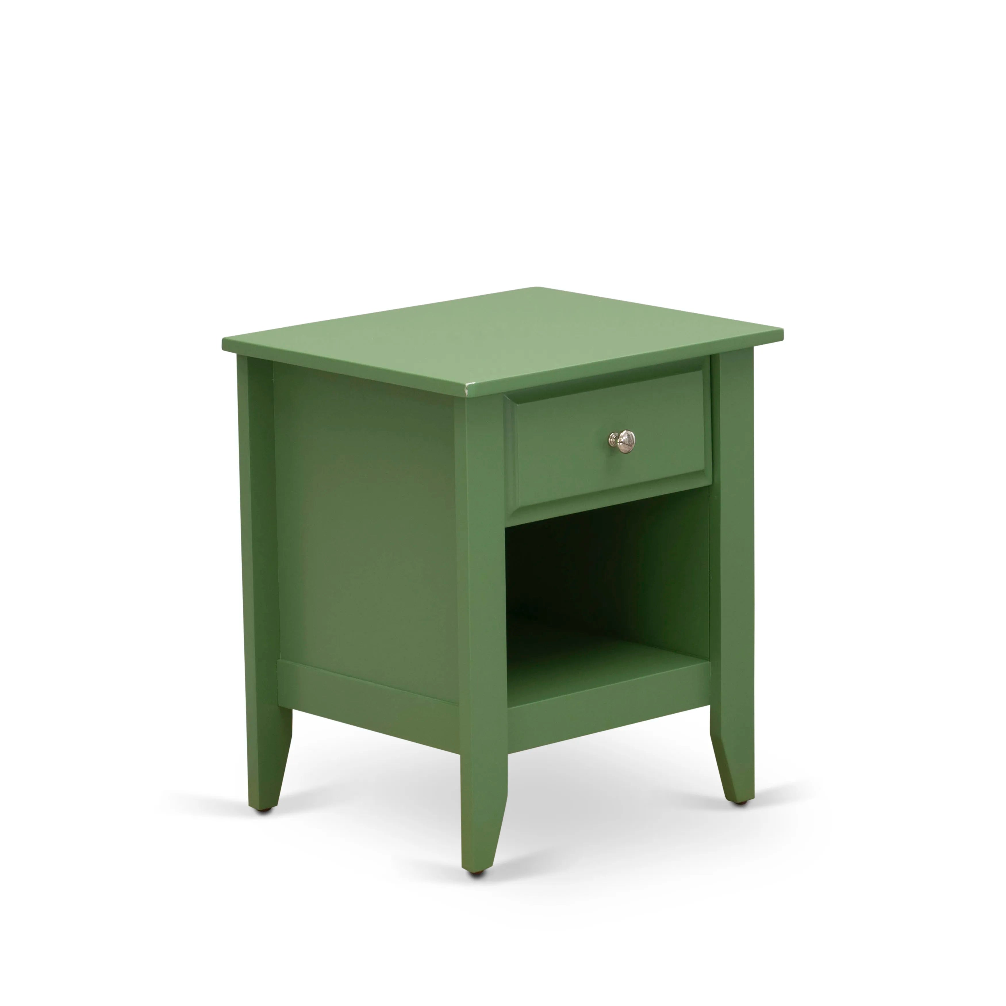 Juego de dormitorio de 2 piezas East West Furniture NL19F-1GA12: cama matrimonial con botones, cabecera tapizada en terciopelo blanco y mesita de noche con acabado verde trébol.