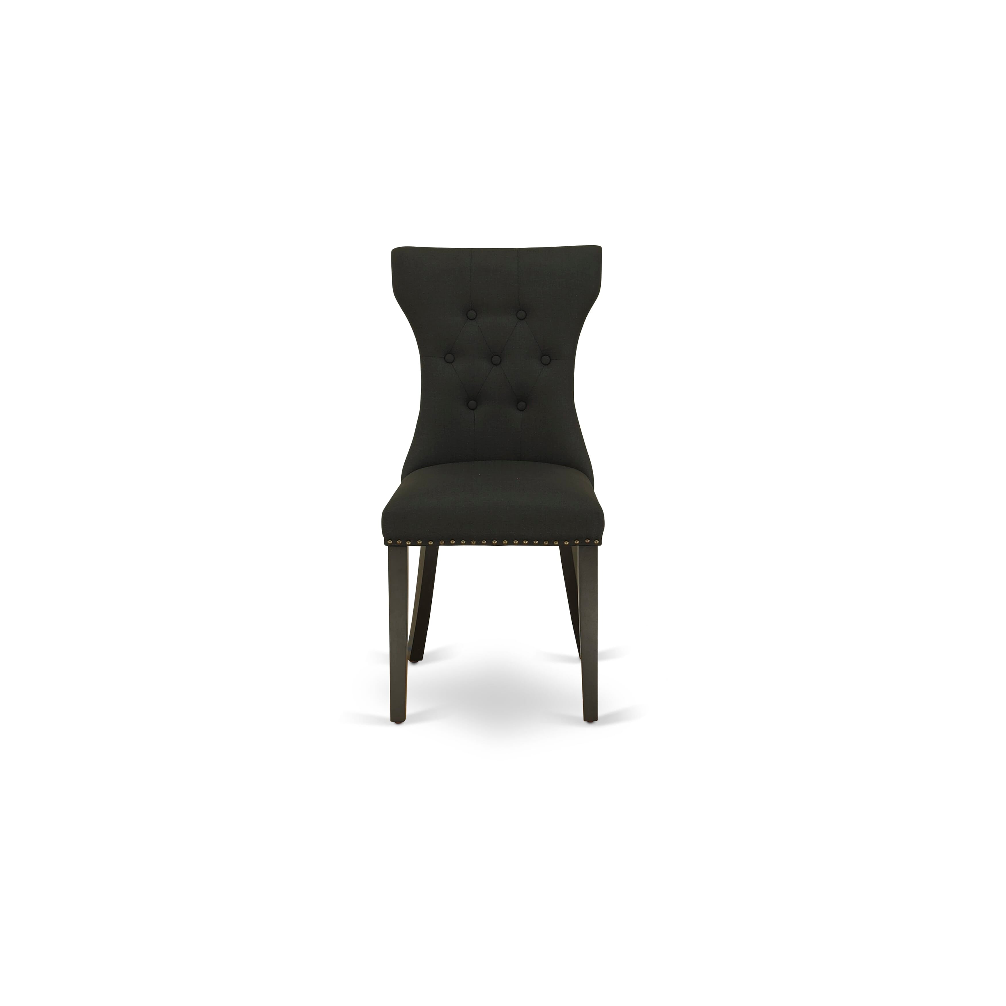 Juego de mesa de cocina de 3 piezas East West Furniture ESGA3-BCH-24 para espacios pequeños. Incluye una mesa de comedor redonda con pedestal y dos sillas acolchadas de tela de lino negro.