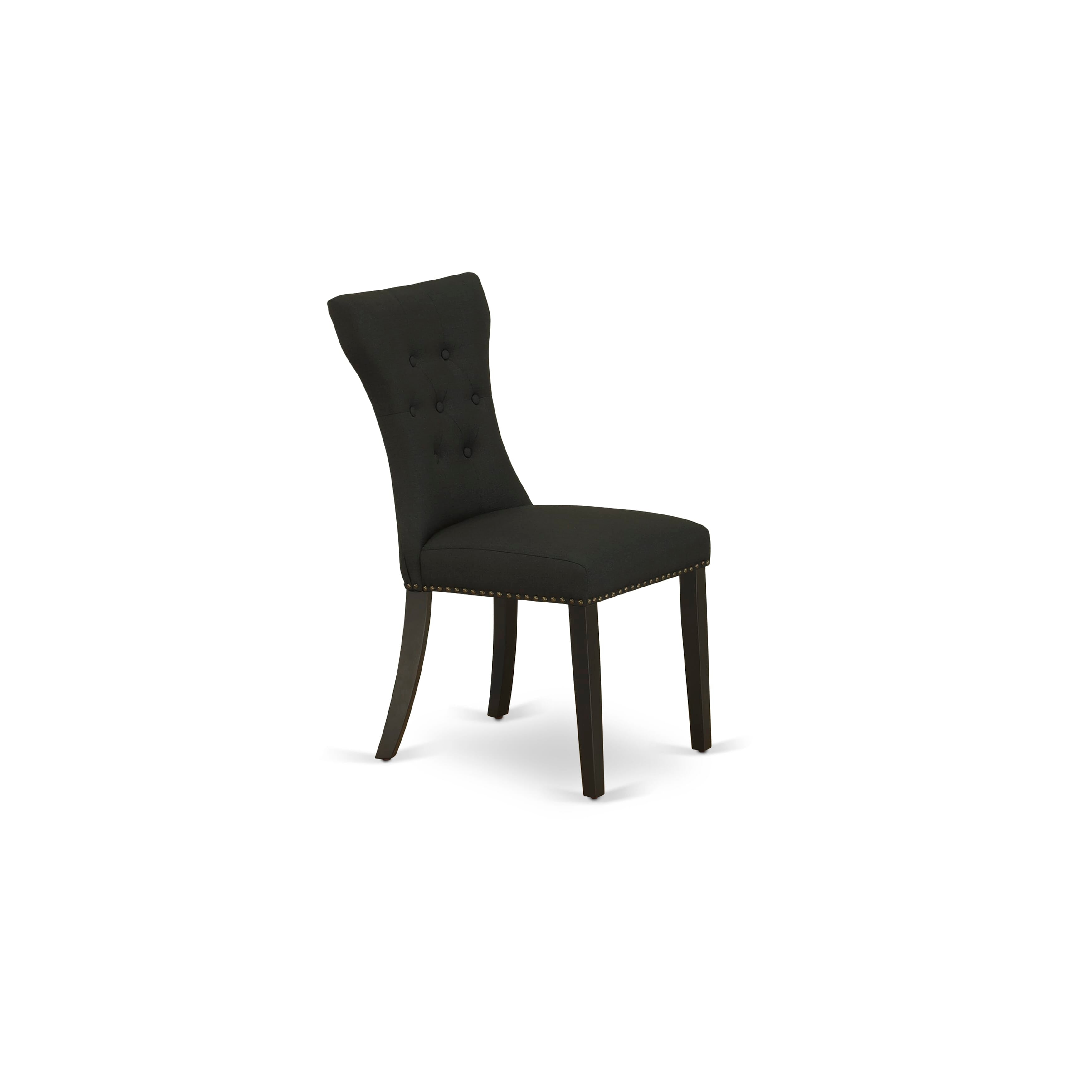 Juego de mesa de cocina de 3 piezas East West Furniture ESGA3-BCH-24 para espacios pequeños. Incluye una mesa de comedor redonda con pedestal y dos sillas acolchadas de tela de lino negro.