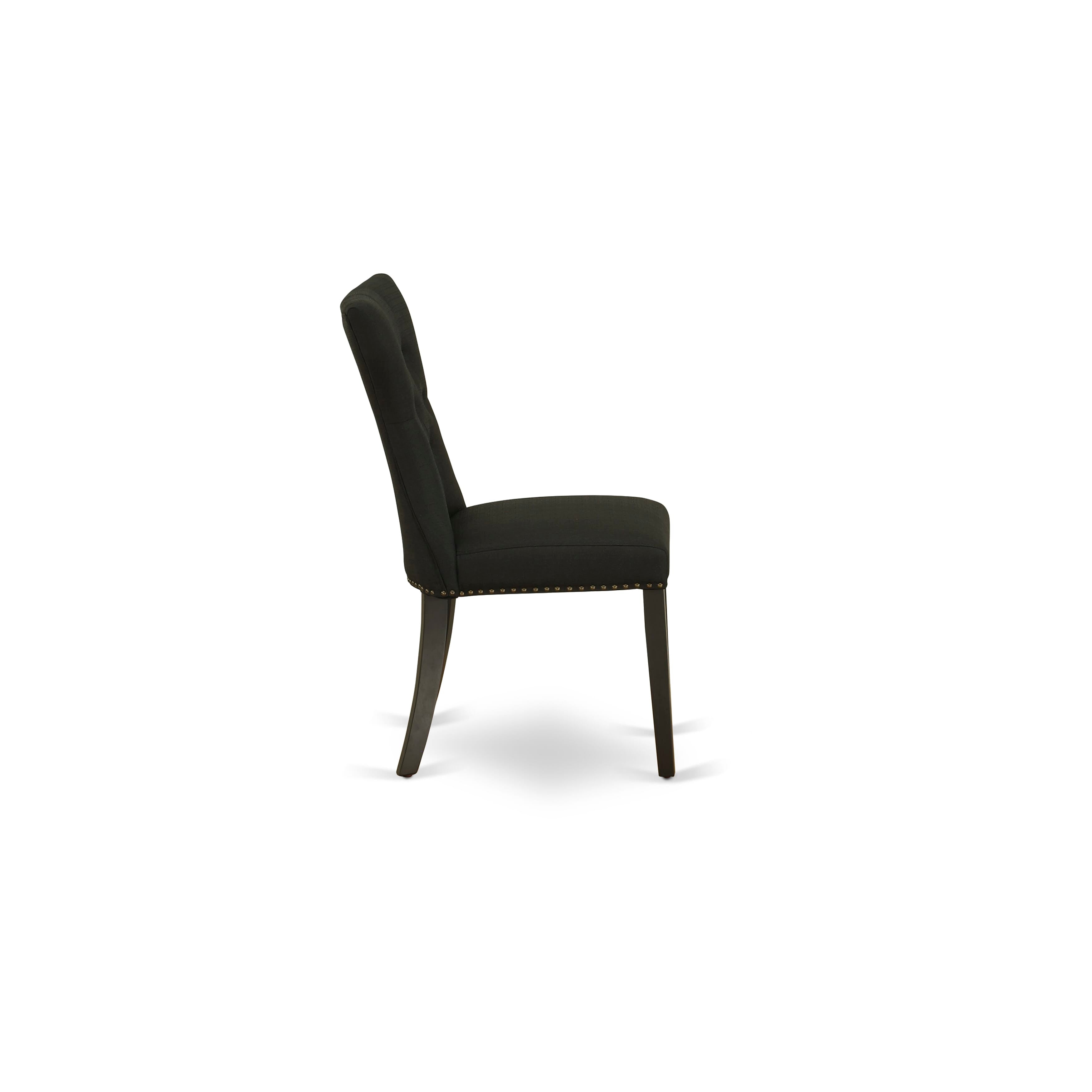 Juego de mesa de cocina de 3 piezas East West Furniture ESGA3-BCH-24 para espacios pequeños. Incluye una mesa de comedor redonda con pedestal y dos sillas acolchadas de tela de lino negro.