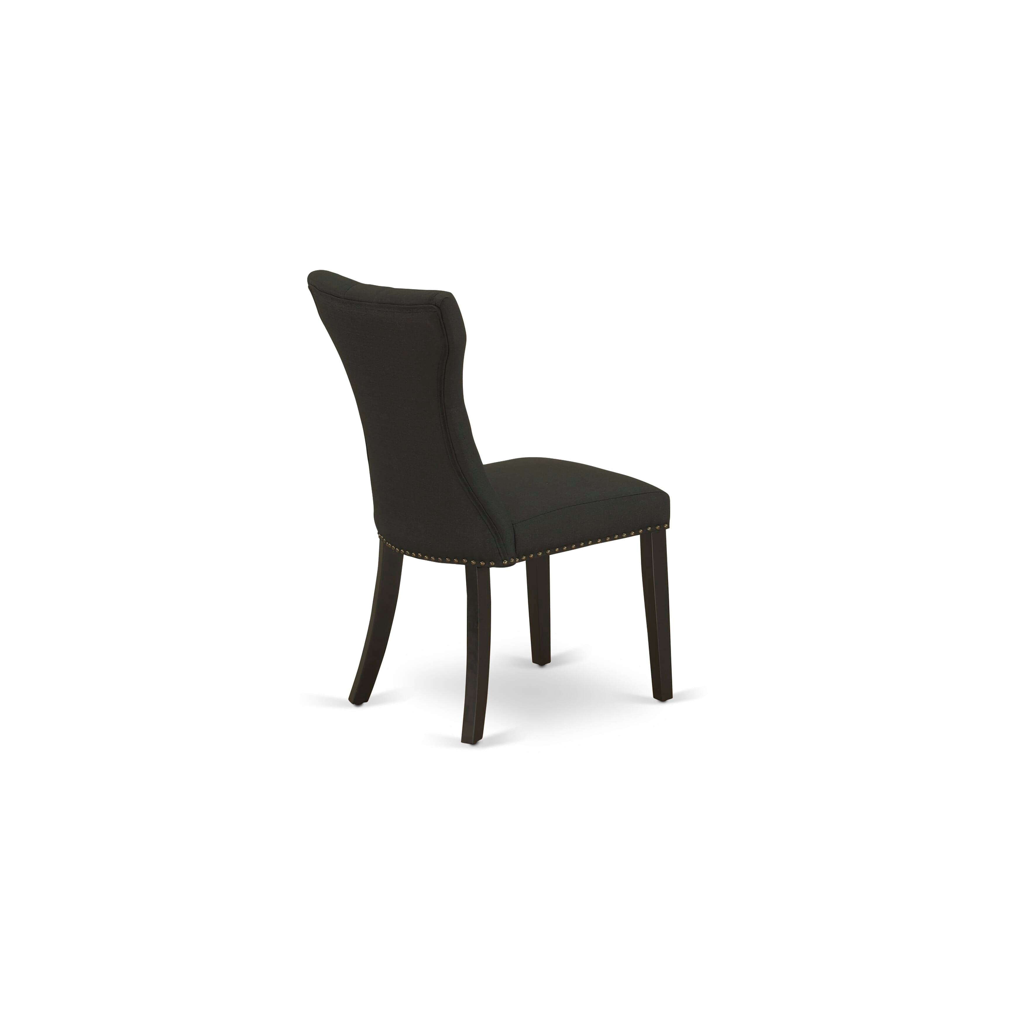 Juego de mesa de cocina de 3 piezas East West Furniture ESGA3-BCH-24 para espacios pequeños. Incluye una mesa de comedor redonda con pedestal y dos sillas acolchadas de tela de lino negro.