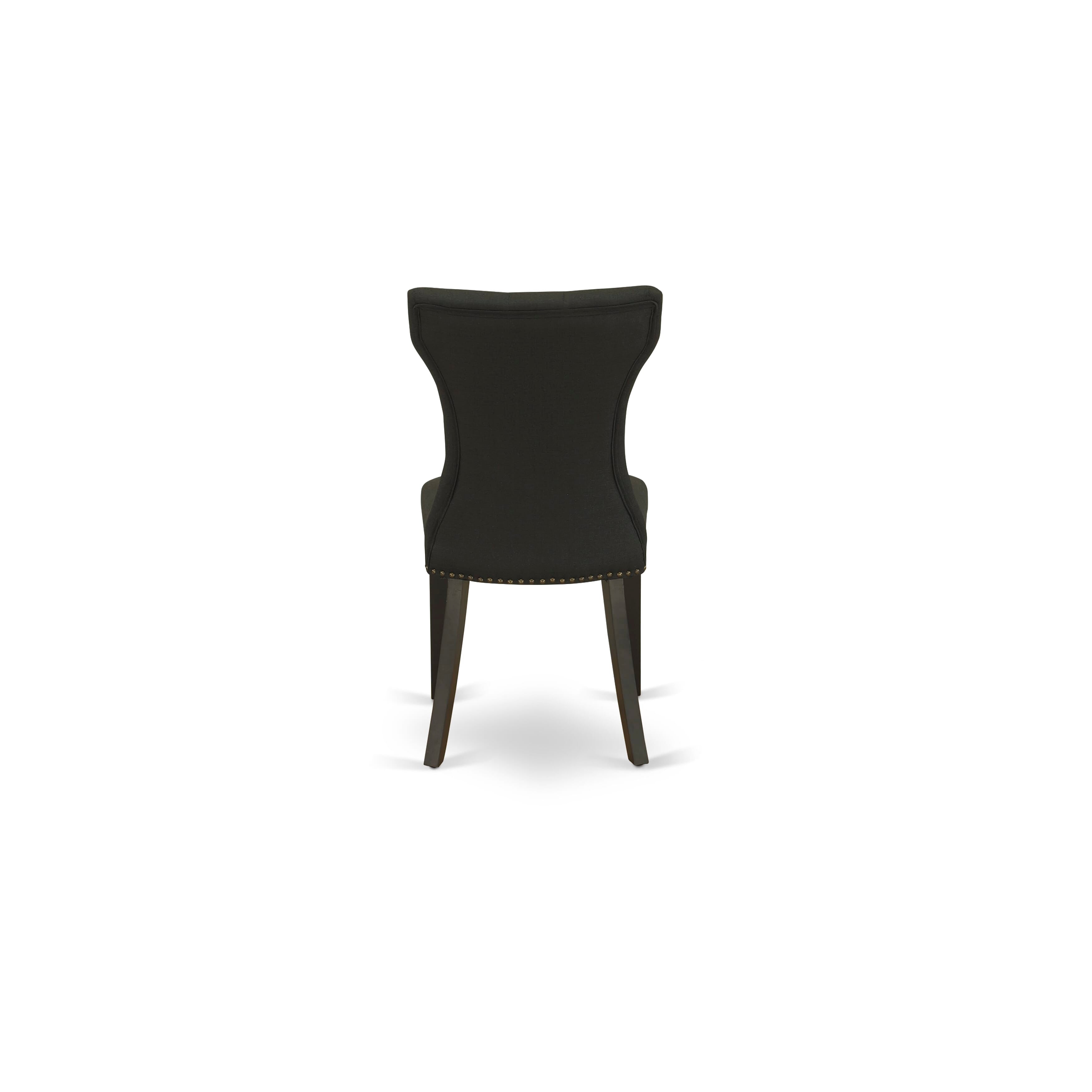 Juego de mesa de cocina de 3 piezas East West Furniture ESGA3-BCH-24 para espacios pequeños. Incluye una mesa de comedor redonda con pedestal y dos sillas acolchadas de tela de lino negro.