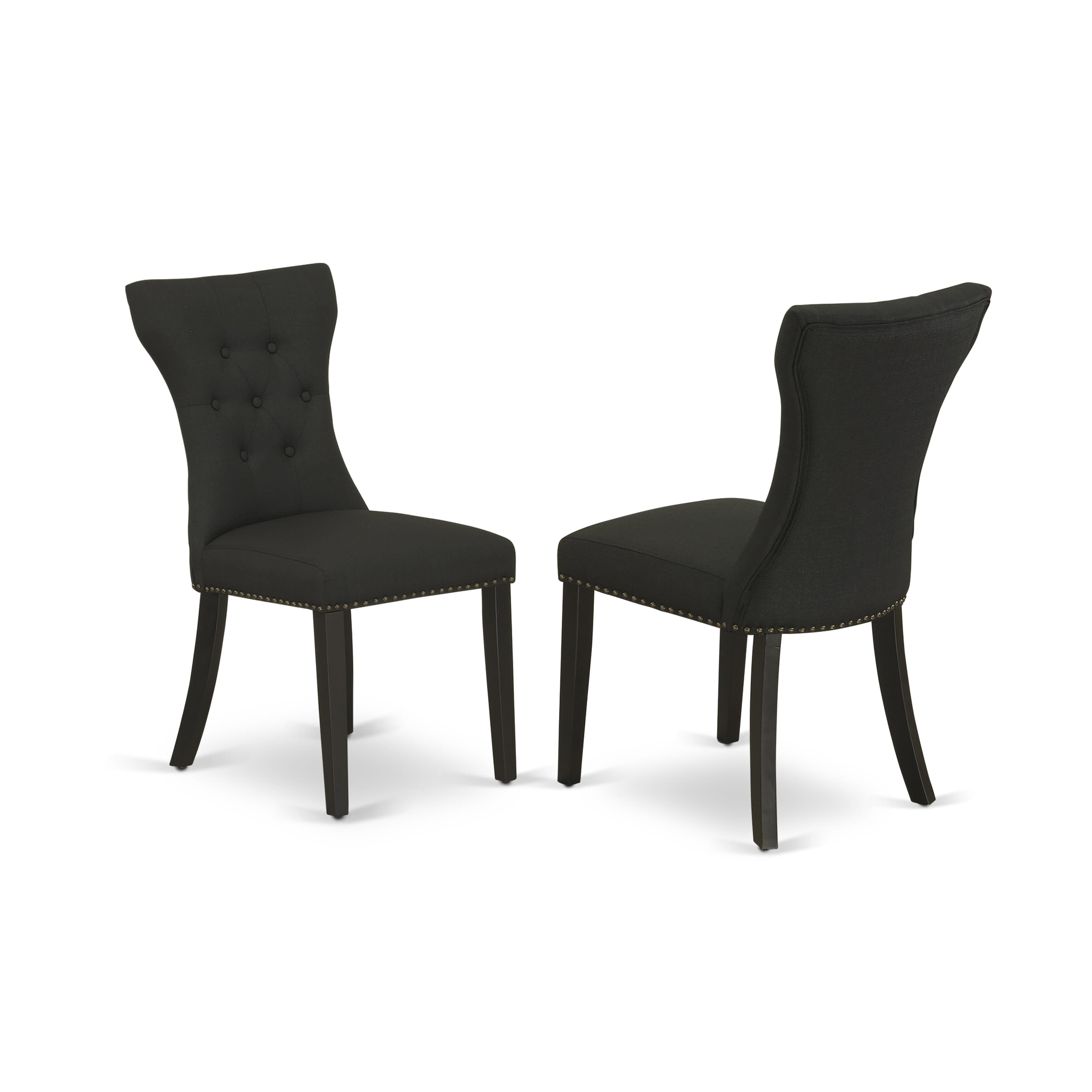 Juego de mesa de cocina de 3 piezas East West Furniture ESGA3-BCH-24 para espacios pequeños. Incluye una mesa de comedor redonda con pedestal y dos sillas acolchadas de tela de lino negro.