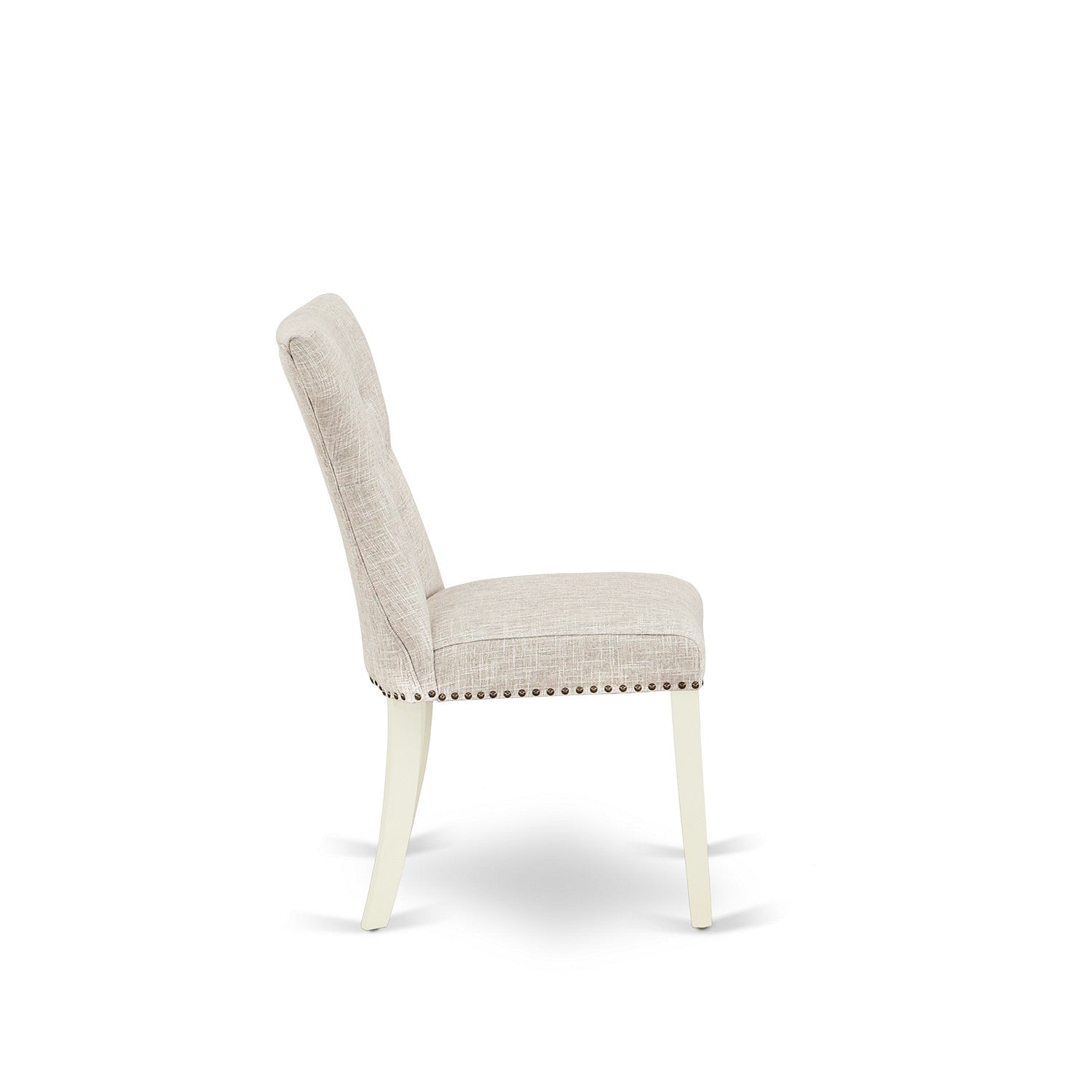 East West Furniture X096GA235-7 7-Pc Dining Room Table Set- 6 Parson dining room chairs with Doeskin Linen Fabric Seat and Button Tufted Chair Back - Rectangular Table top & Wooden Cross Legs - Cement and linen white Finish
