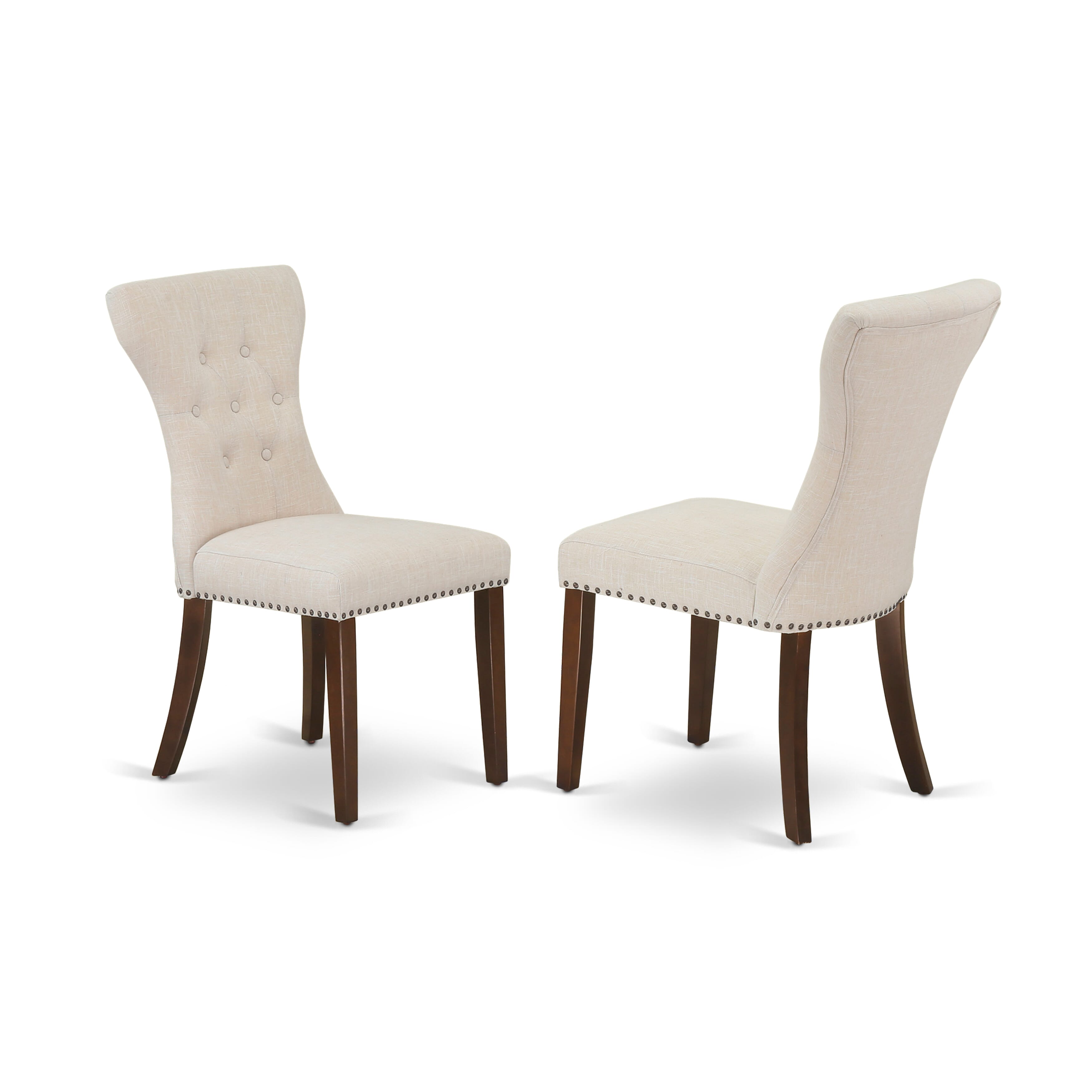 Juego de mesa de comedor moderna de 3 piezas NDGA3-MAH-32 de East West Furniture. Incluye una mesa rectangular de madera con alas abatibles y dos sillas de comedor Parsons de tela de lino beige claro.