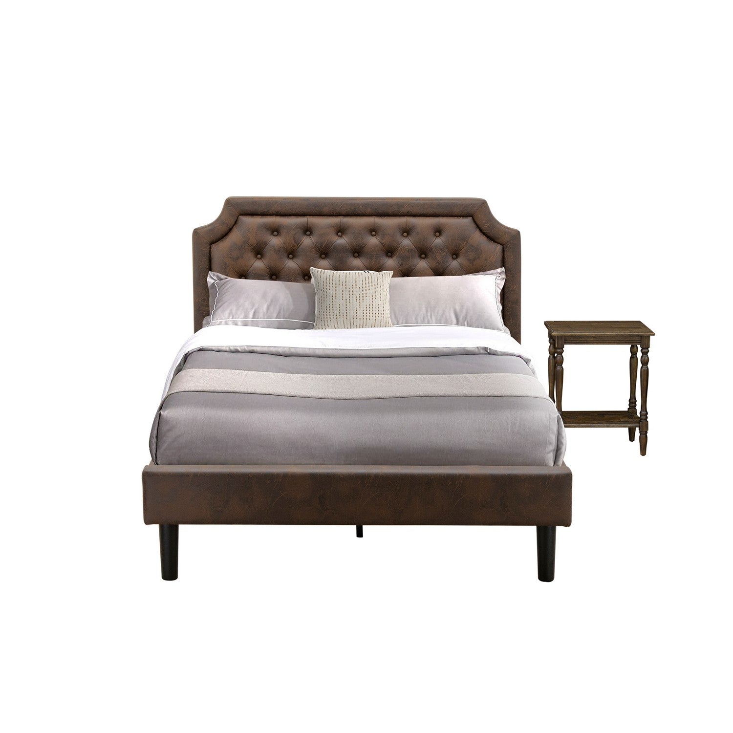 East West Furniture GB25F-1BF07 2-Piece Platform Full Bedroom Set with a Button Tufted Full Bed and 1 Distressed Jacobean Modern Nightstand - Dark Brown faux Leather with Black Texture and Black Legs