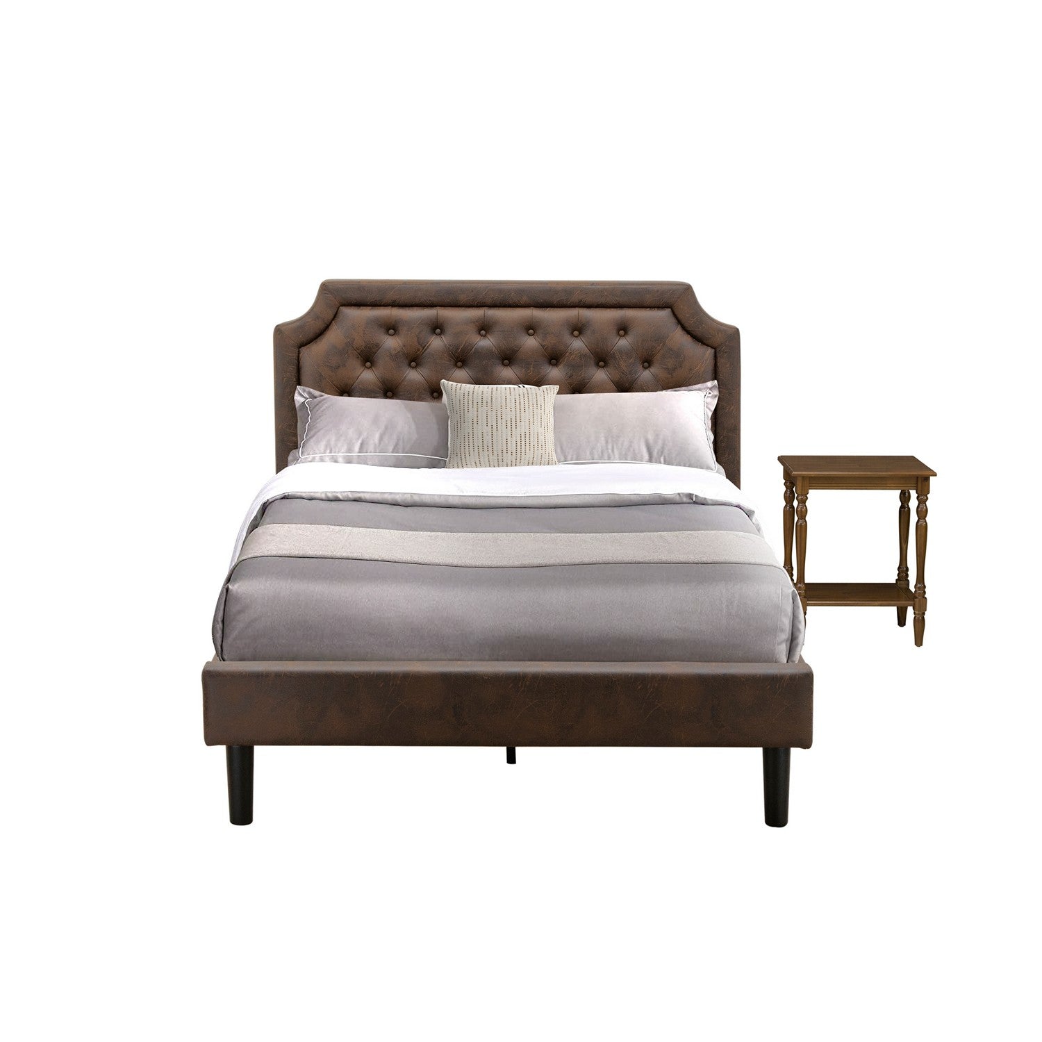 East West Furniture GB25F-1BF08 2-Piece Platform Full Bed Set with Button Tufted Full Size Bed Frame and an Antique Walnut Small End Table - Dark Brown faux Leather with Black Texture and Black Legs