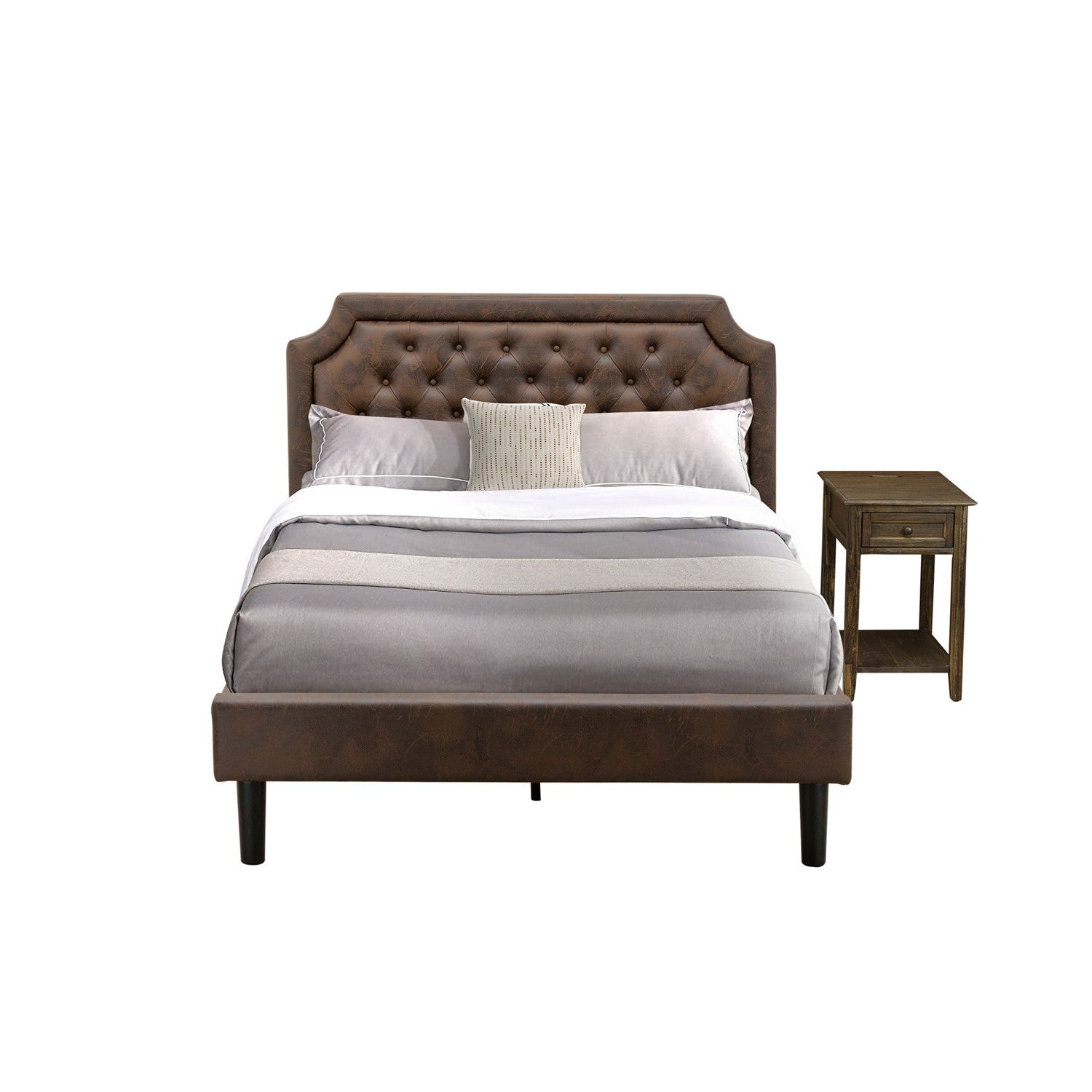 East West Furniture GB25F-1DE07 2-Pc Bed Set with Button Tufted Full Size Bed and a Distresses Jacobean Mid Century Modern Nightstand - Dark Brown faux Leather with Black Texture and Black Legs