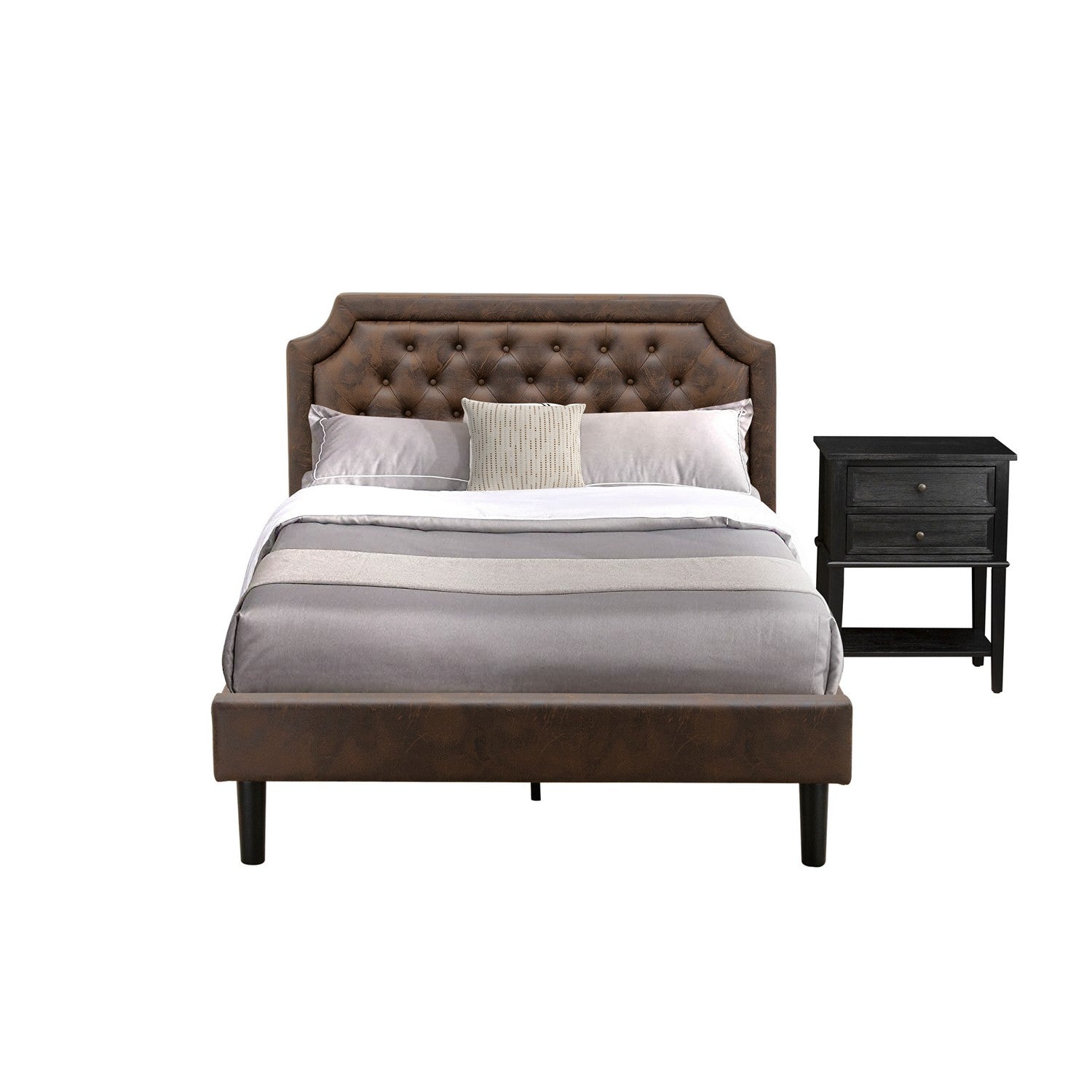 East West Furniture GB25F-1VL06 2-Piece Platform Wooden Set for Bedroom with Button Tufted Full Bed and 1 Wire Brushed Black Night Stands - Dark Brown faux Leather with Black Texture and Black Legs