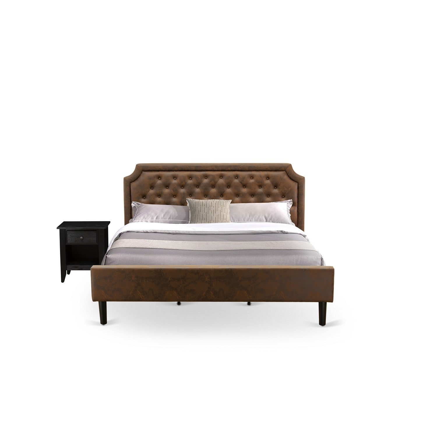 Juego de cama Granbury de 2 piezas East West Furniture GB25K-1GA06 con plataforma capitoné y mesita de noche moderna de mediados de siglo en negro cepillado con alambre - Cuero sintético marrón oscuro con textura negra y patas negras