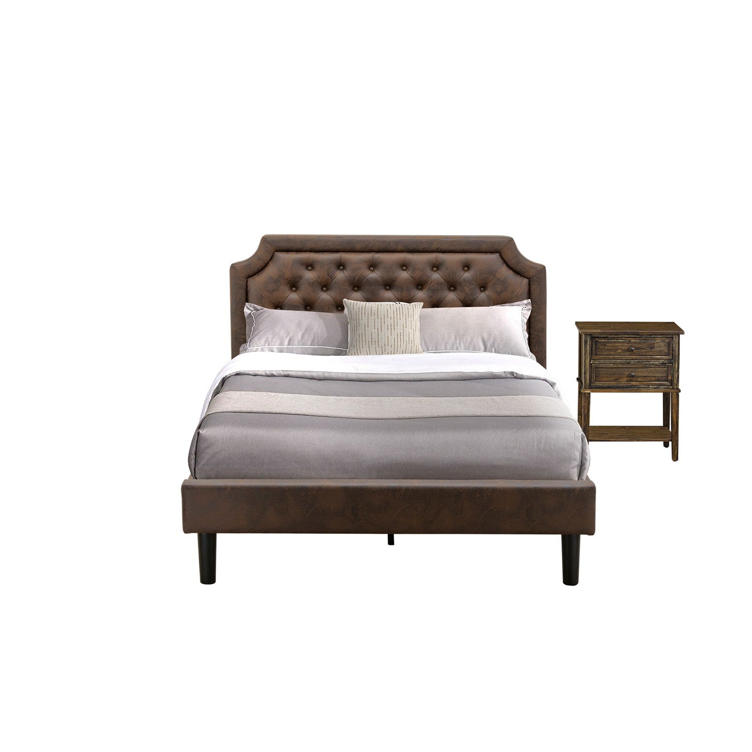East West Furniture GB25Q-1VL07 2-Piece Granbury Bedroom Furniture Set with Button Tufted Queen Bed and 1 Distressed Jacobean Night Stand - Dark Brown faux Leather with Black Texture and Black Legs