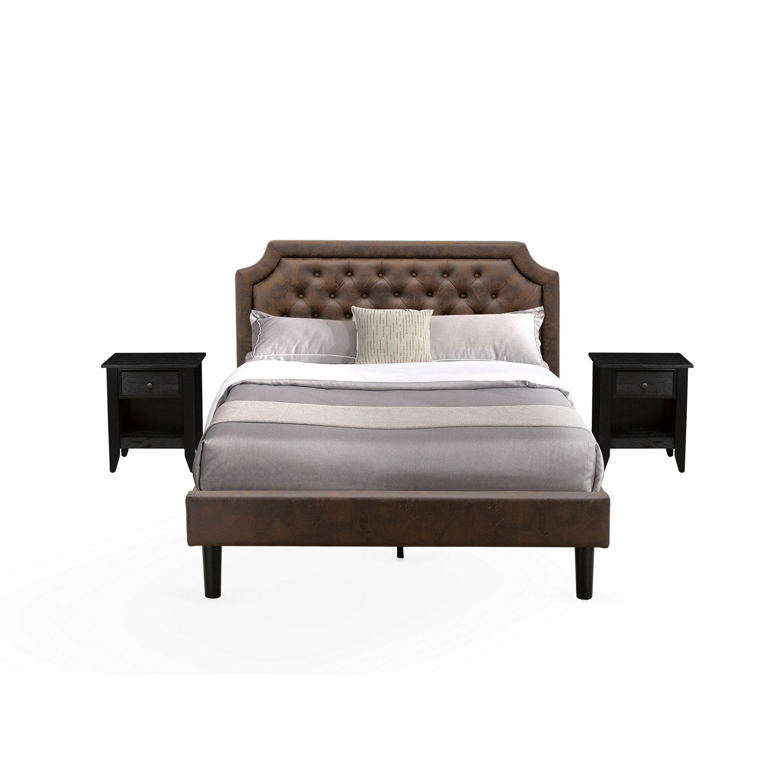 East West Furniture GB25Q-2GA06 3-Piece Bedroom Furniture Set with Button Tufted Queen Size Bed and 2 Wire Brushed Black Bedroom Nightstand - Dark Brown faux Leather with Black Texture and Black Legs