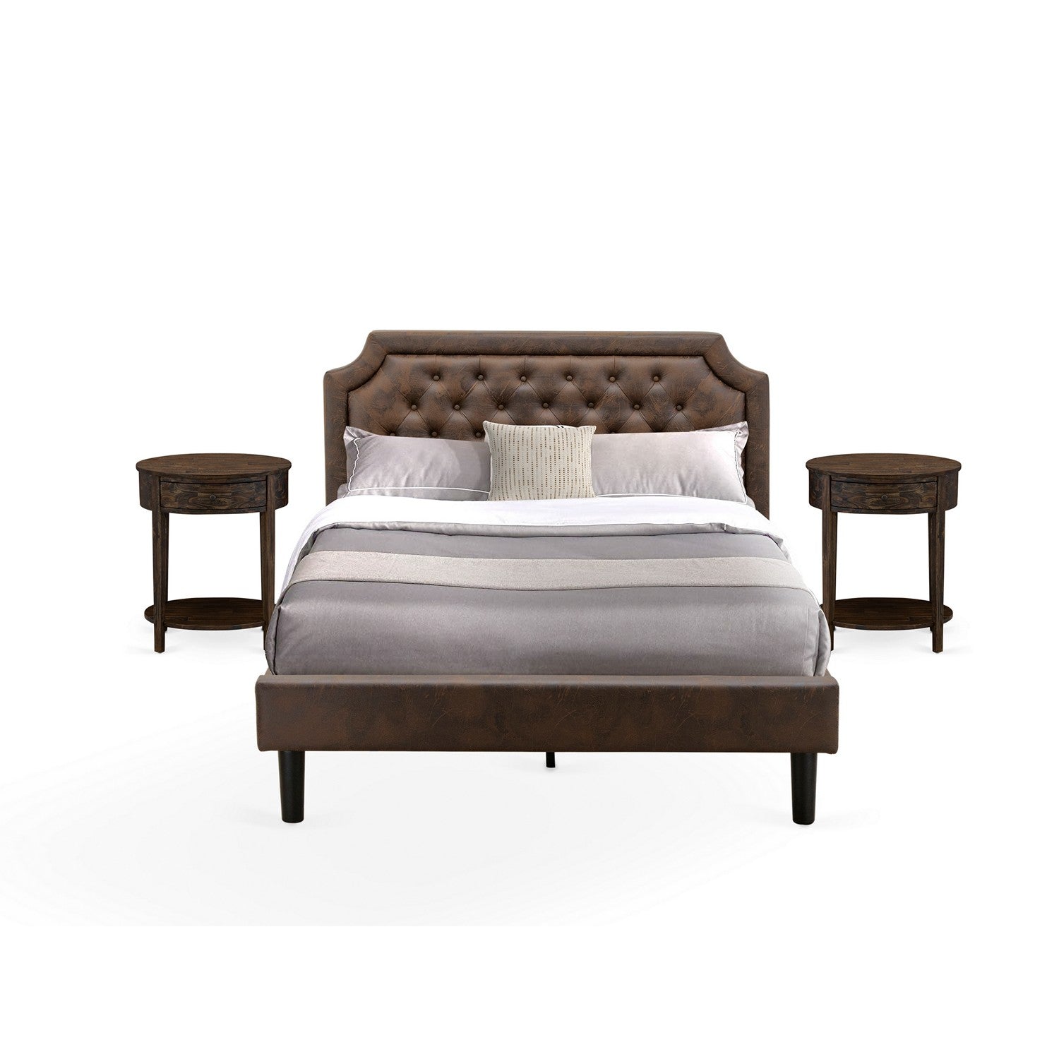 East West Furniture GB25Q-2HI07 3-Piece Granbury Bedroom Set with Button Tufted Queen Size Frame and 2 Distressed Jacobean End Tables - Dark Brown faux Leather with Black Texture and Black Legs