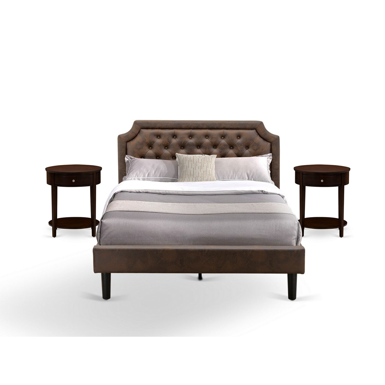 East West Furniture GB25Q-2HI0M 3-Pc Platform Wooden Set for Bedroom with Button Tufted Queen Size Bed Frame and 2 Antique Mahogany Night Stands - Dark Brown faux Leather with Black Texture and Black Legs