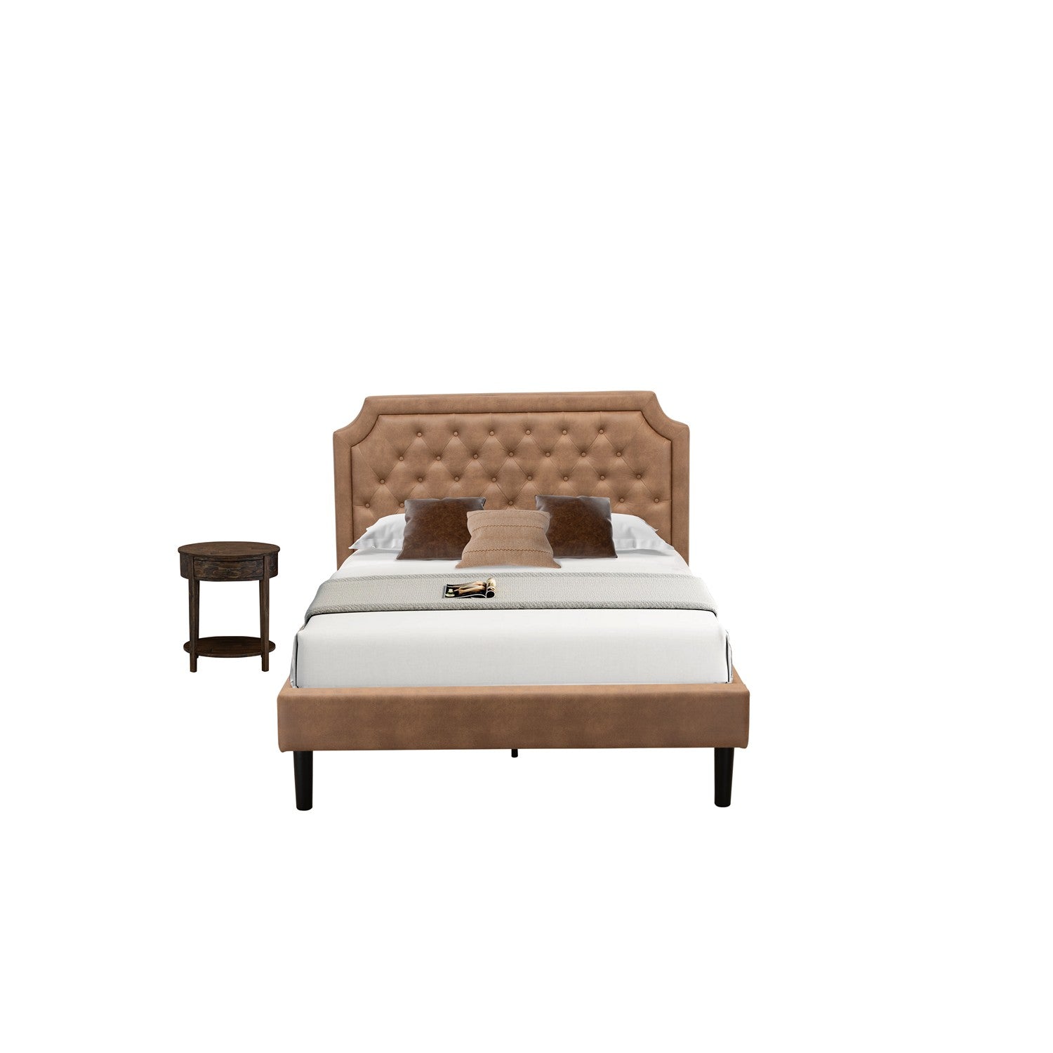 East West Furniture GB28F-1HI07 2-Piece Granbury Bedroom Furniture Set with Button Tufted Full Size Bed and a Distressed Jacobean Small End Table - Brown faux Leather with Brown Texture and Black Legs