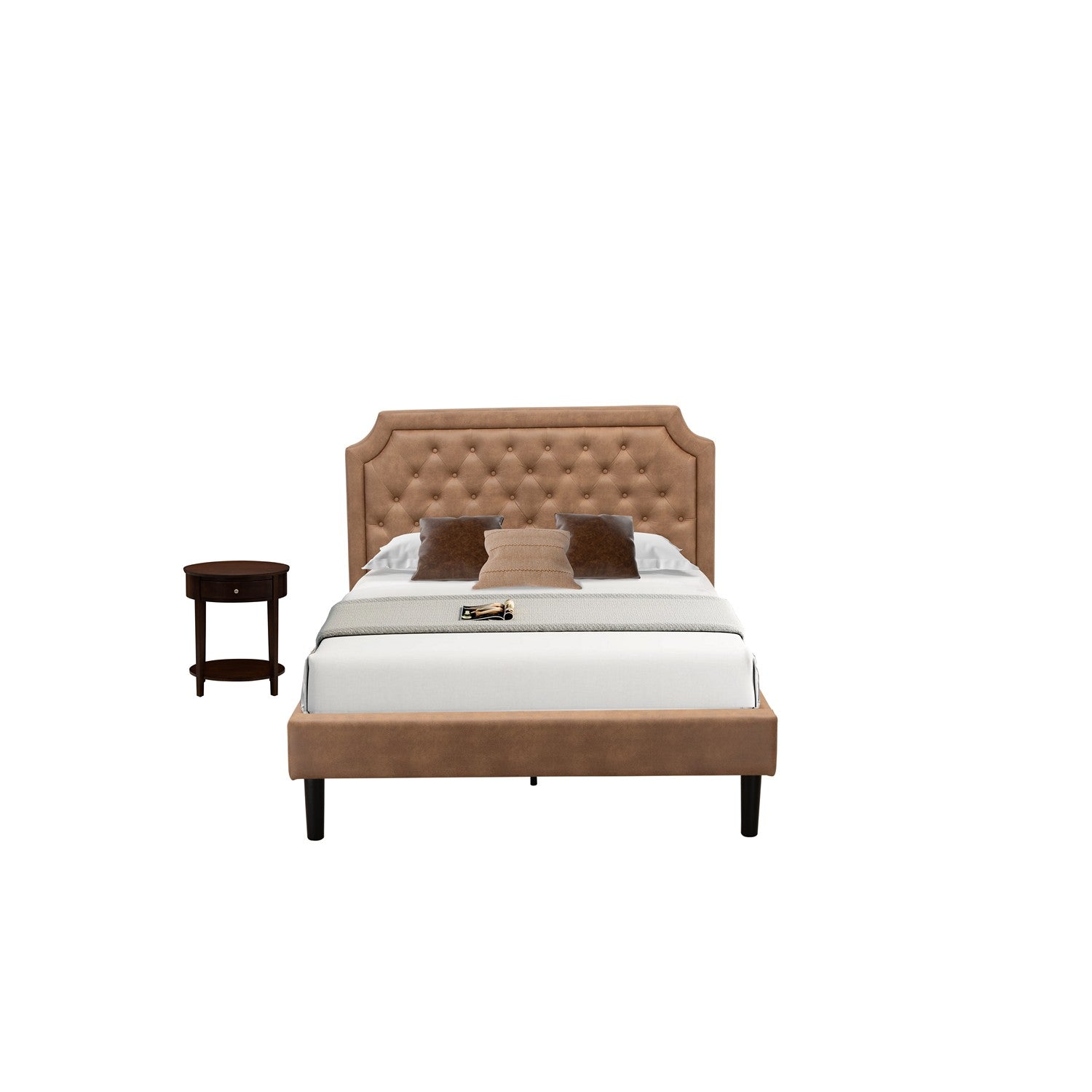 East West Furniture GB28F-1HI0M 2-Piece Platform Full Bed Set with Button Tufted Bed Frame and an Antique Mahogany Mid Century Modern Nightstand - Brown faux Leather with Brown Texture and Black Legs
