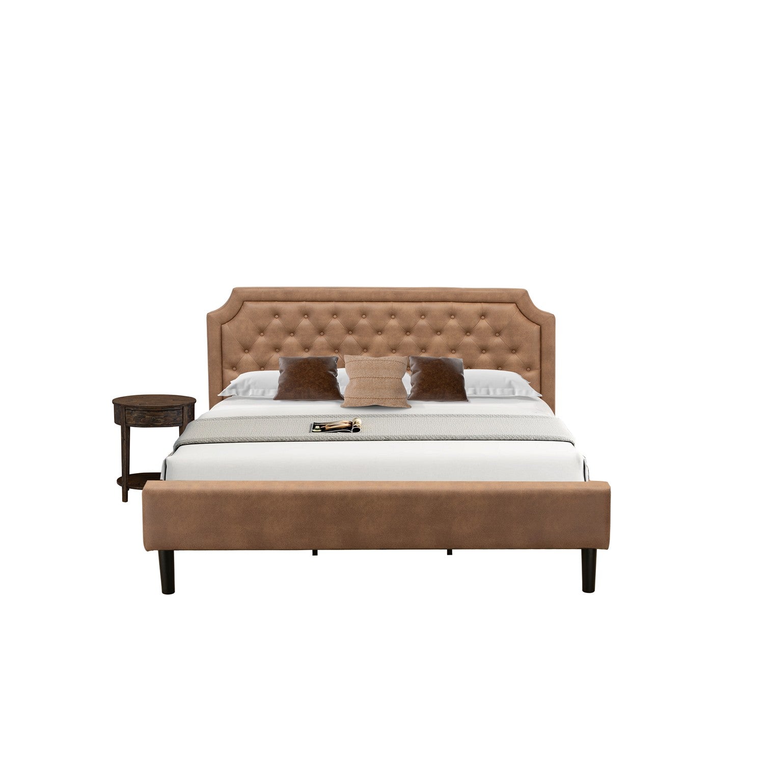East West Furniture GB28K-1HI07 2-Piece Granbury Bedroom Set with Button Tufted King Bed and 1 Distressed Jacobean Bedroom Nightstand - Brown faux Leather with Brown Texture and Black Legs