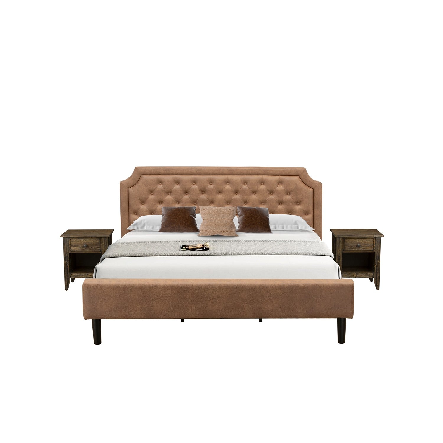 GB28K-2GA07 3-Piece Platform Bed Set with Button Tufted Modern Bed and 2 Distressed Jacobean End Tables - Brown faux Leather with Brown Texture and Black Legs