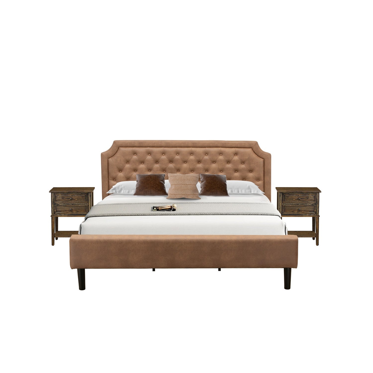GB28K-2VL07 Juego de cama Granbury de 3 piezas con estructura de cama tamaño king y dos mesitas de noche de estilo jacobino envejecido - Piel sintética marrón con textura marrón y patas negras