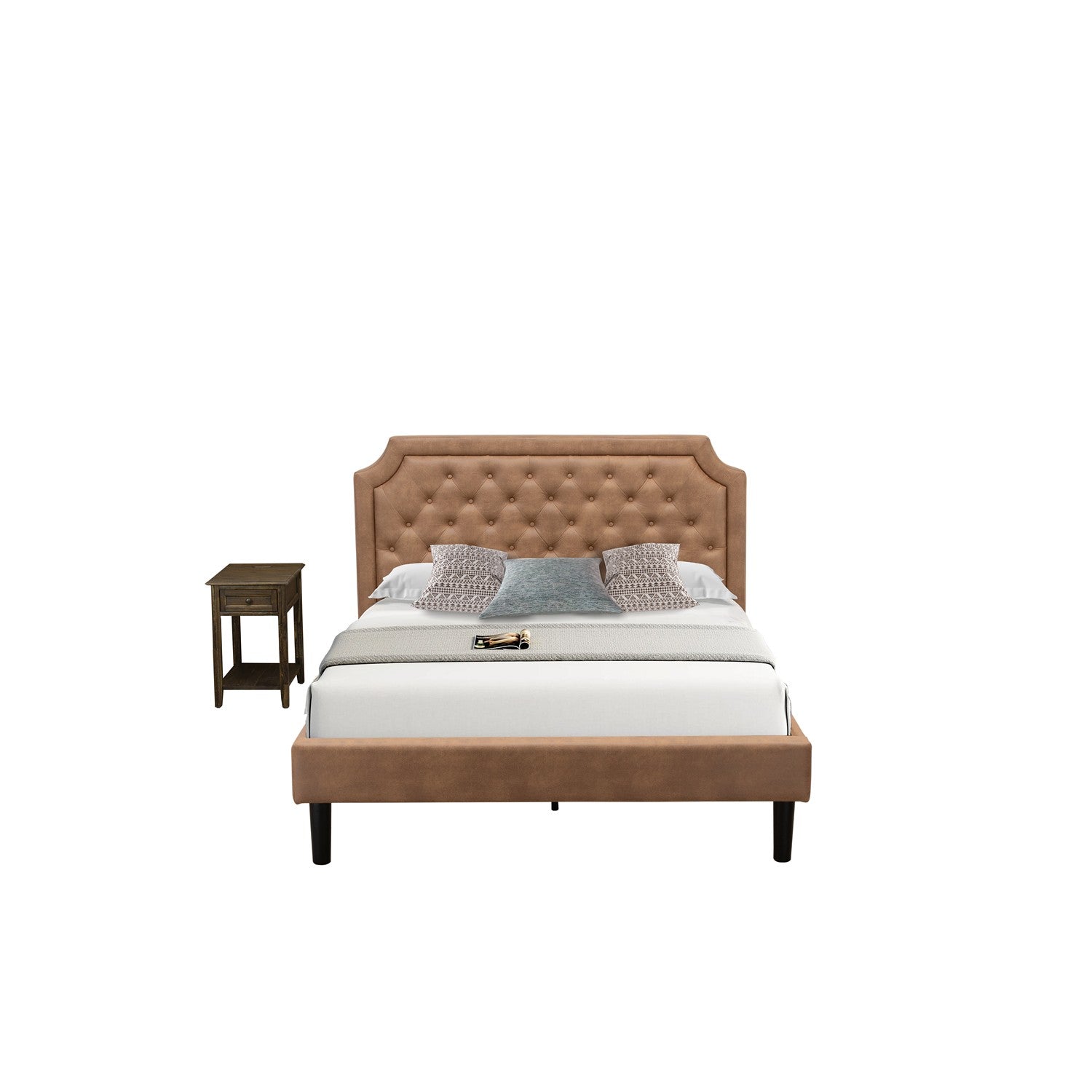 East West Furniture GB28Q-1DE07 2-Piece Platform Bed Set with a Button Tufted Platform Bed and 1 Distressed Jacobean End Table - Brown faux Leather with Brown Texture and Black Legs