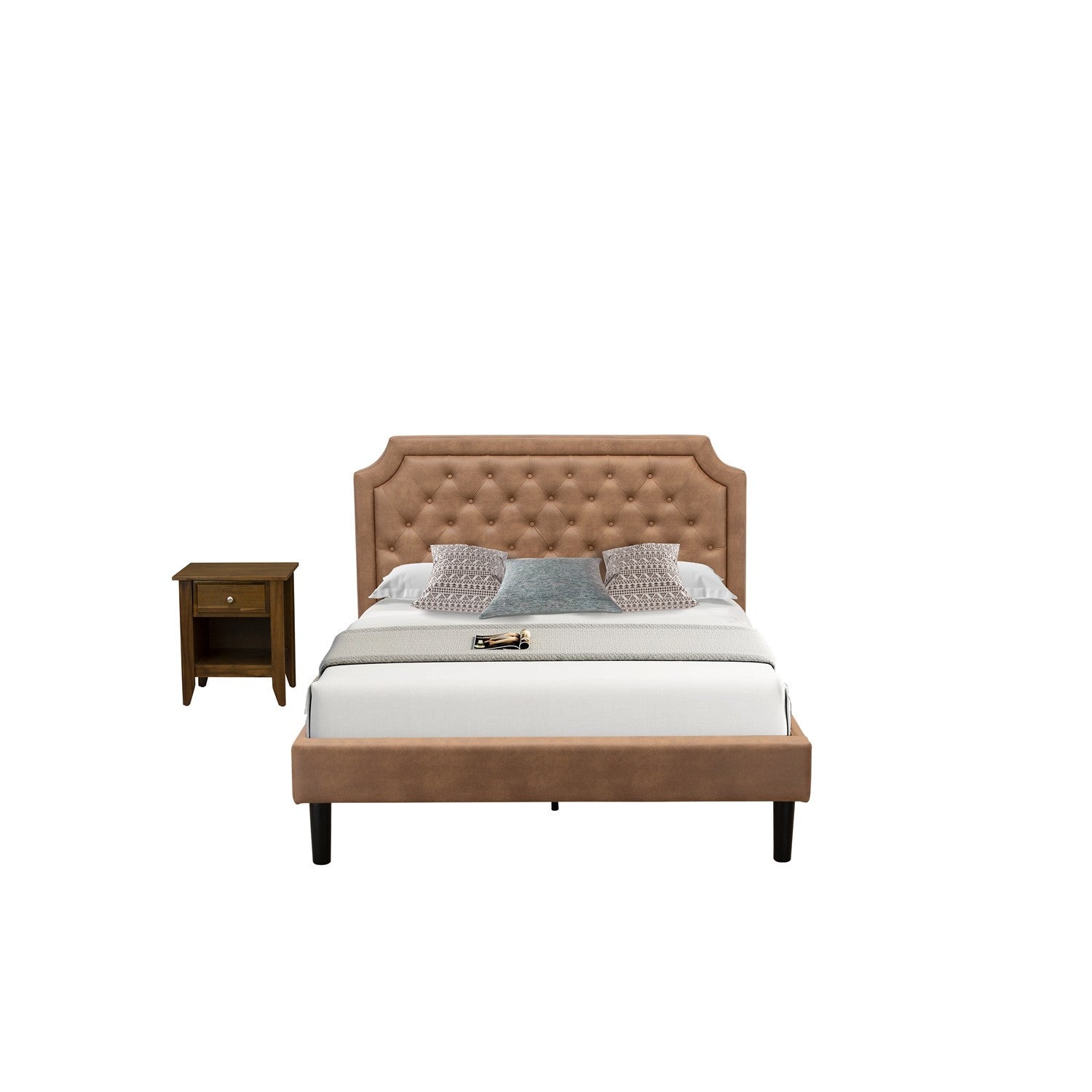 East West Furniture GB28Q-1GA08 2-Piece Platform Bed Set with Button Tufted Queen Size Bed and 1 Antique Walnut Mid Century Nightstand - Brown faux Leather with Brown Texture and Black Legs