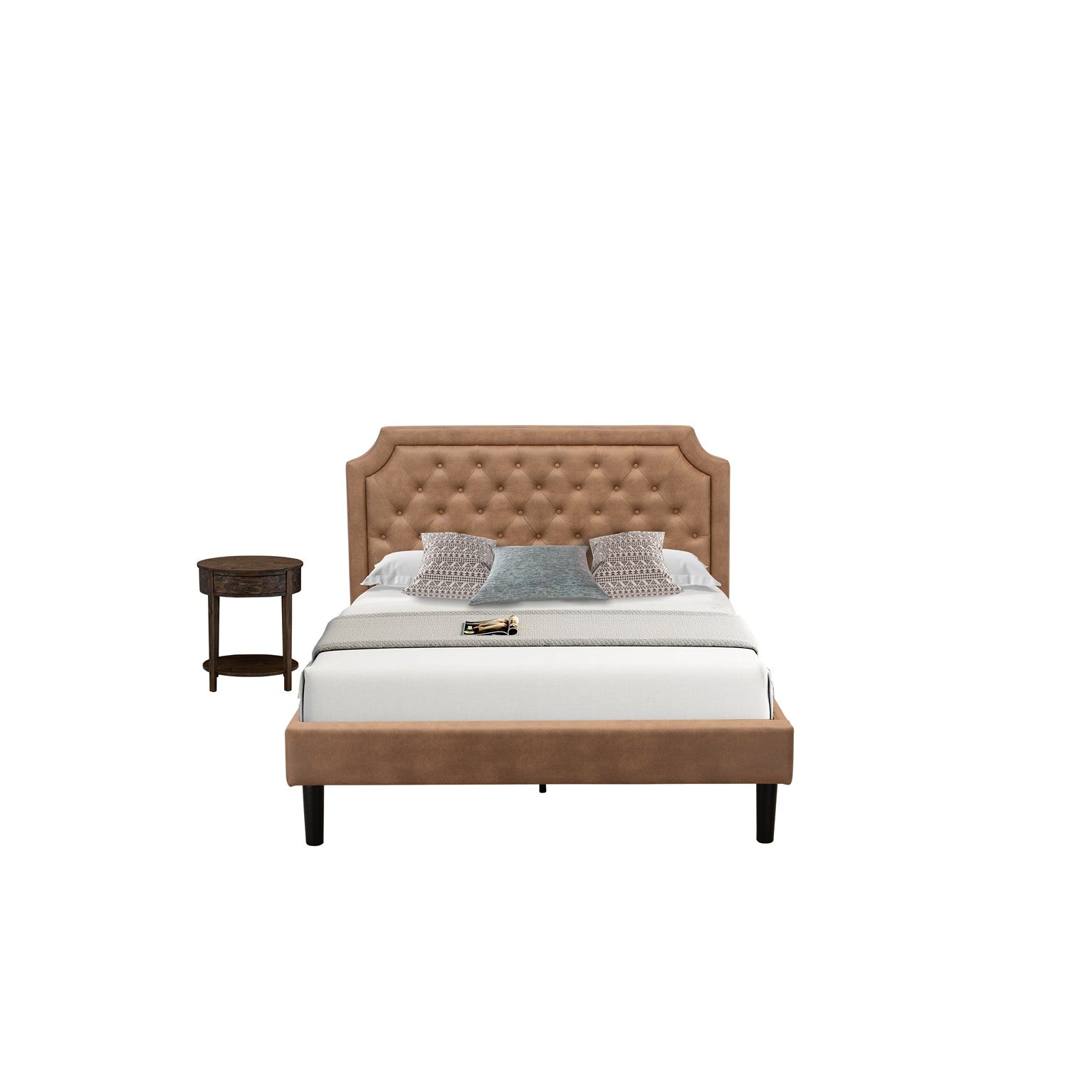 East West Furniture GB28Q-1HI07 2-Piece Platform Bedroom Set with Button Tufted Mid Century Bed and 1 Distressed Jacobean Night Stand - Brown faux Leather with Brown Texture and Black Legs