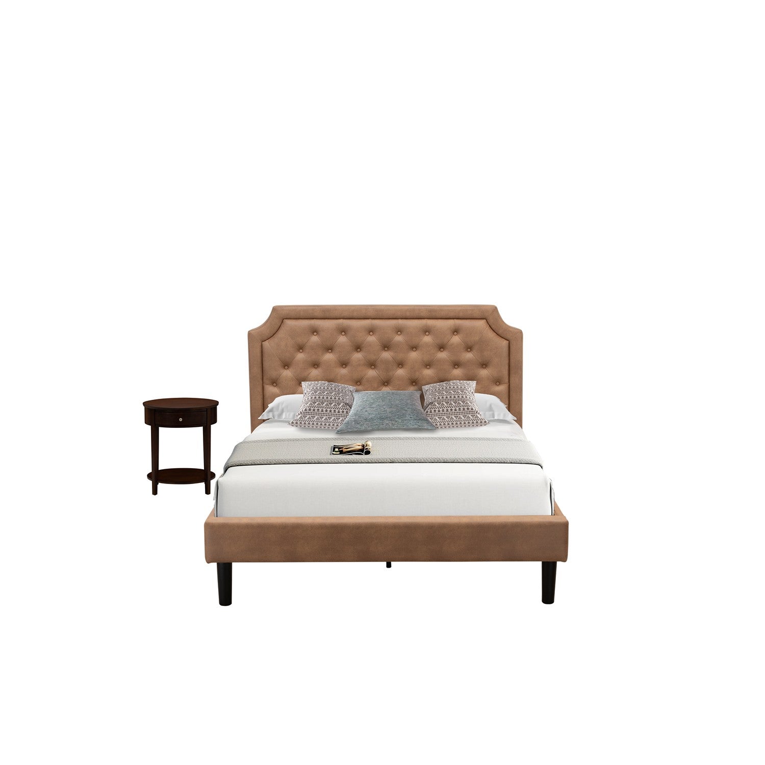 East West Furniture GB28Q-1HI0M 2-Piece Platform Wooden Set for Bedroom with Button Tufted Queen Size Bed and 1 Antique Mahogany Mid Century Modern Nightstand - Brown faux Leather with Brown Texture and Black Legs