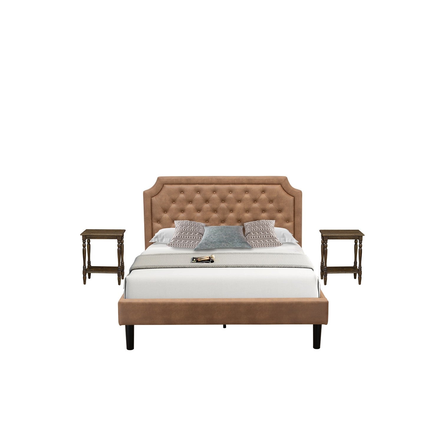 East West Furniture GB28Q-2BF07 3-Pc Wooden Set for Bedroom with Button Tufted Queen Size Frame and 2 Distressed Jacobean Mid Century Nightstands - Brown faux Leather with Brown Texture and Black Legs