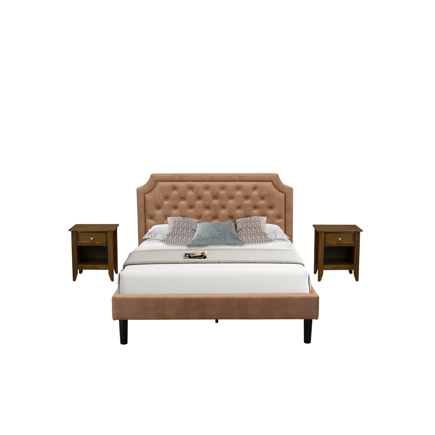 East West Furniture GB28Q-2GA08 3-Piece Granbury Bedroom Furniture Set with Button Tufted Upholstered Bed and 2 Antique Walnut Small Nightstands - Brown faux Leather with Brown Texture and Black Legs