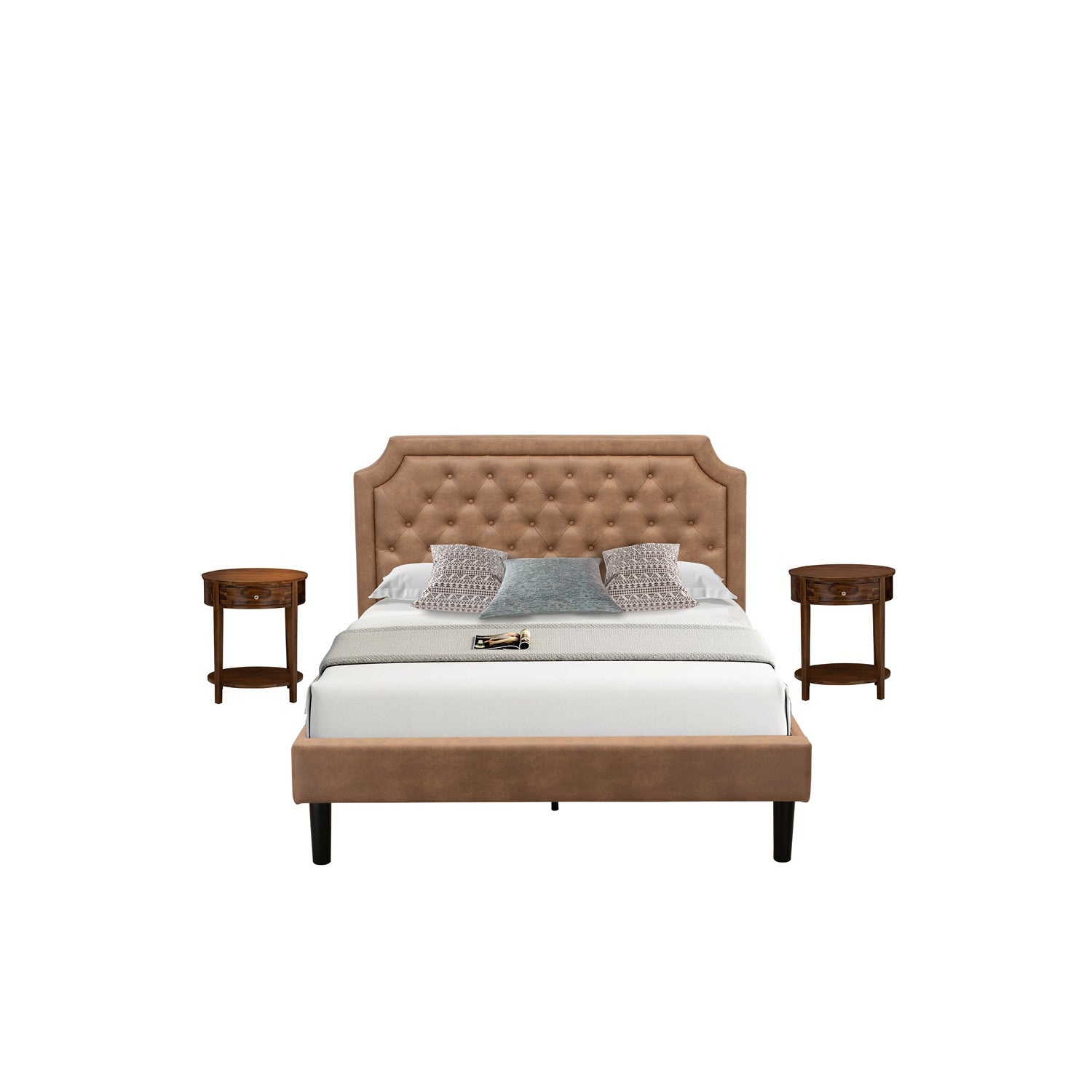 East West Furniture GB28Q-2HI08 3-Pc Platform Queen Bed Set with Button Tufted Wood Bed Frame and 2 Antique Walnut Mid Century Nightstands - Brown faux Leather with Brown Texture and Black Legs