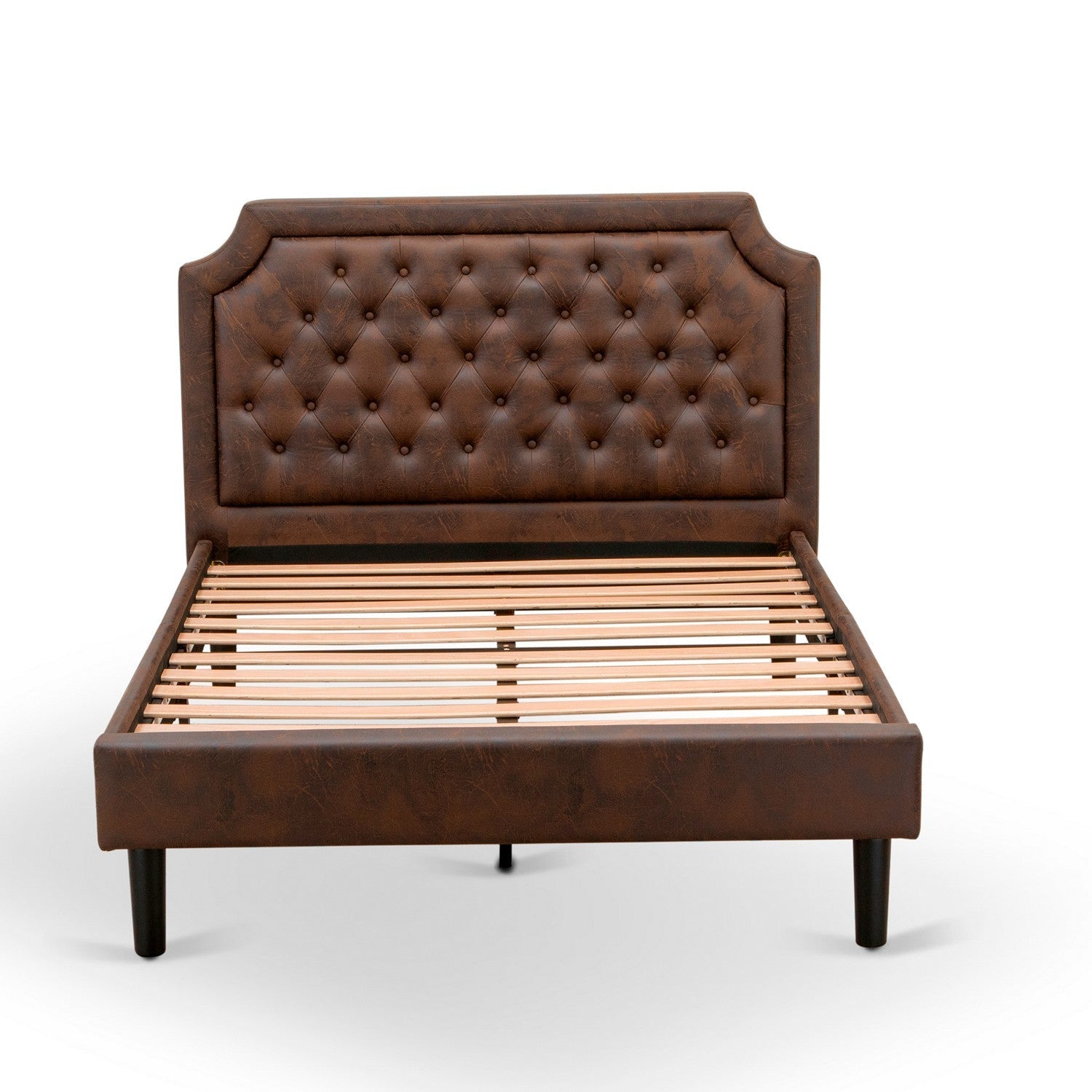 East West Furniture GB25F-1HI07 2-Piece Platform Full Size Bed Set with Button Tufted Upholstered Bed and a Distressed Jacobean Night Stand - Dark Brown faux Leather with Black Texture and Black Legs