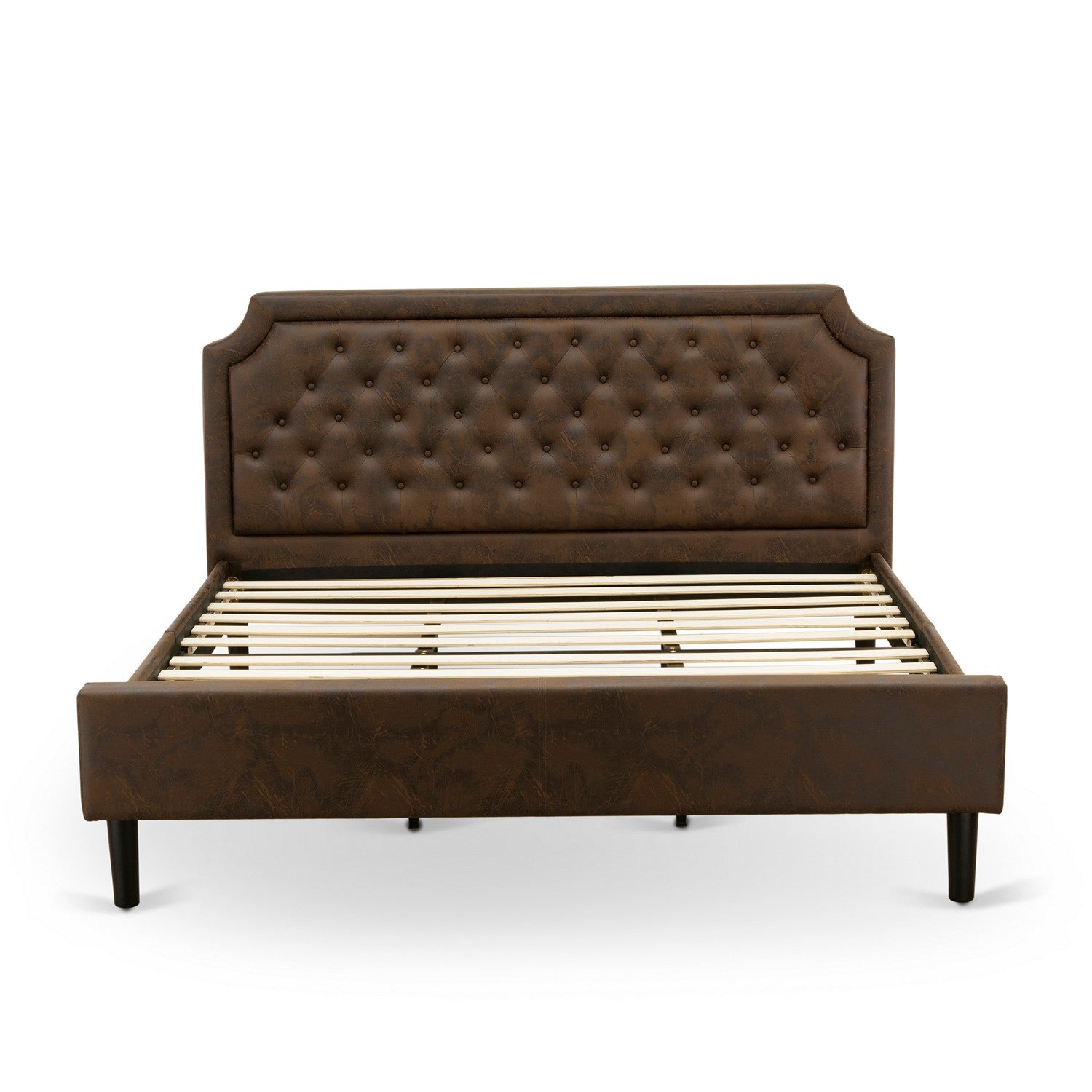 East West Furniture GB25K-1DE07 2-Pc Granbury King Size Bedroom Set with Button Tufted King Frame and 1 Distressed Jacobean Small End Table - Dark Brown faux Leather with Black Texture and Black Legs