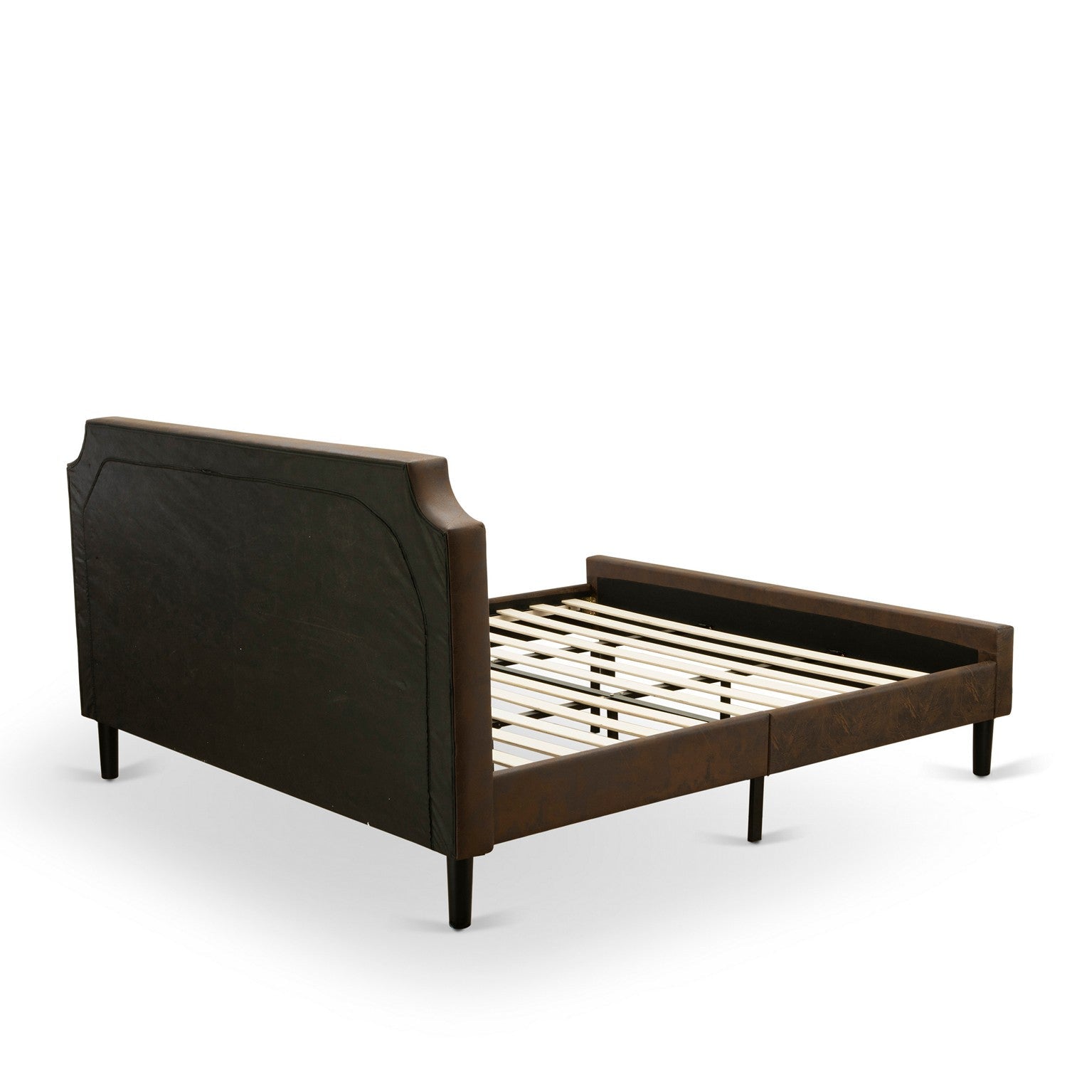 East West Furniture GB25K-2DE07 3-Pc Platform Wooden Set with Button Tufted Upholstered Bed and 2 Distressed Jacobean Night Stands - Dark Brown faux Leather with Black Texture and Black Legs