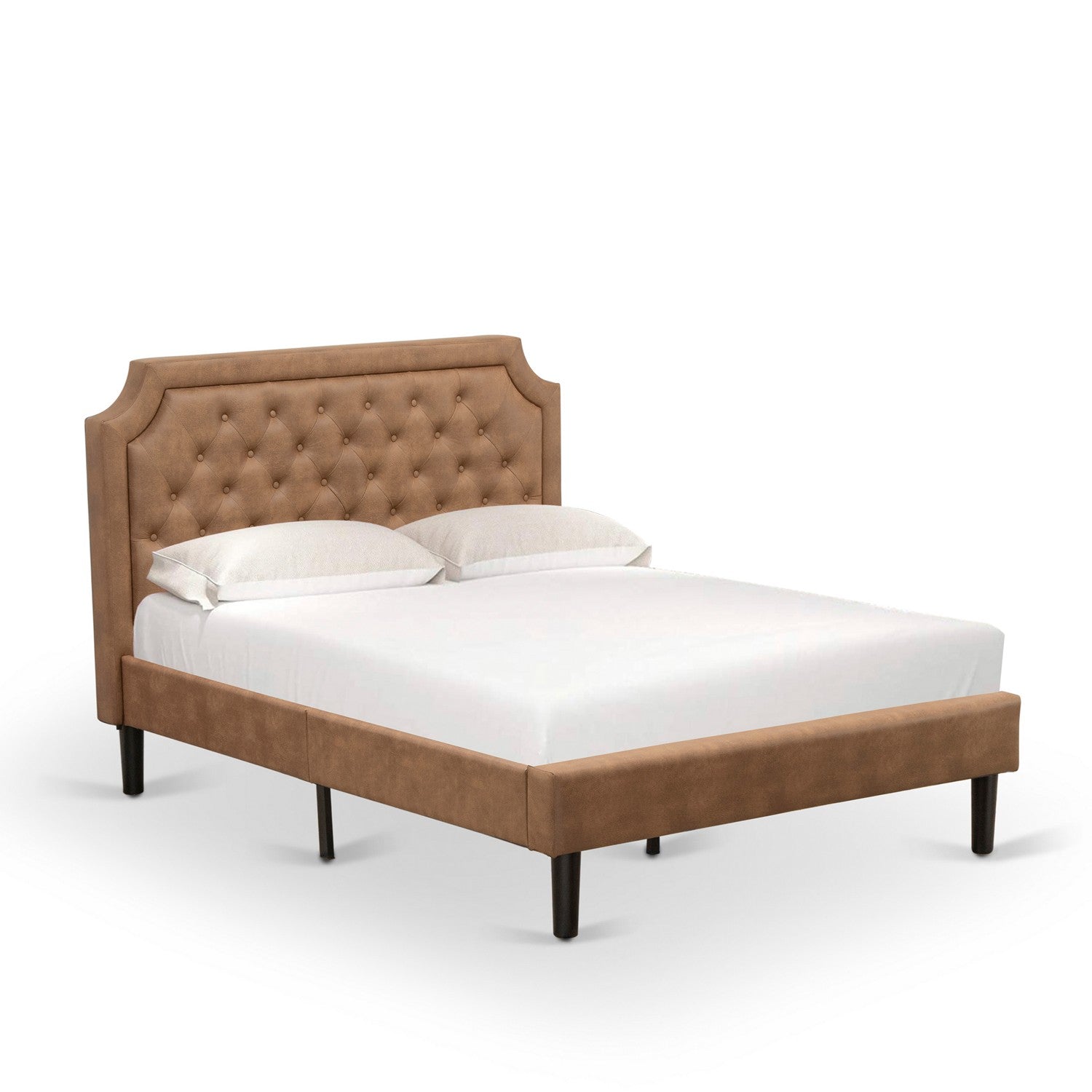 East West Furniture GB28F-1HI07 2-Piece Granbury Bedroom Furniture Set with Button Tufted Full Size Bed and a Distressed Jacobean Small End Table - Brown faux Leather with Brown Texture and Black Legs