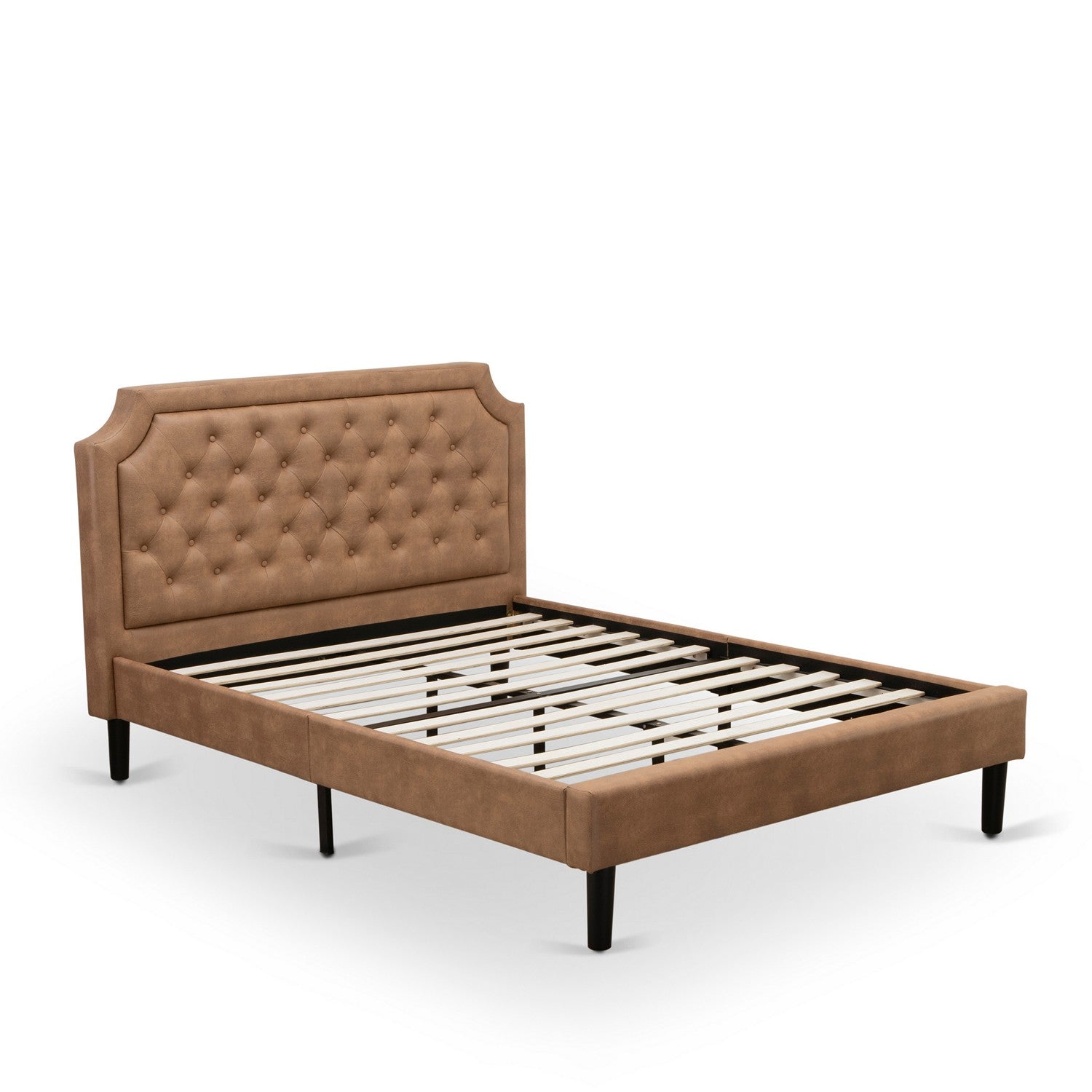 East West Furniture GB28Q-2GA07 3-Piece Platform Bedroom Set with Button Tufted Queen Size Bed and 2 Distressed Jacobean End Tables for bedroom - Brown faux Leather with Brown Texture and Black Legs